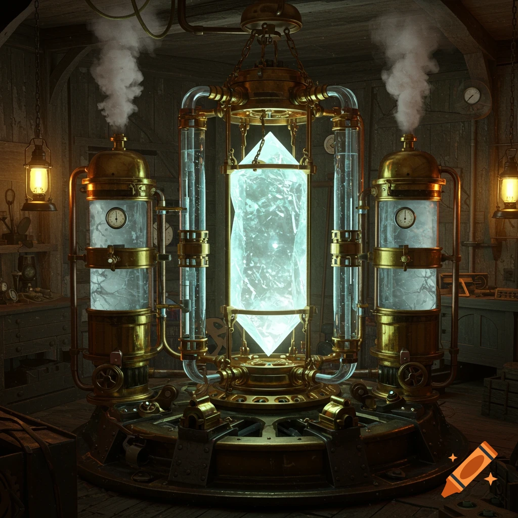 An intricate steampunk machine featuring a large, glowing crystal, brass components, glass tanks, and emitting steam in a dark workshop.
