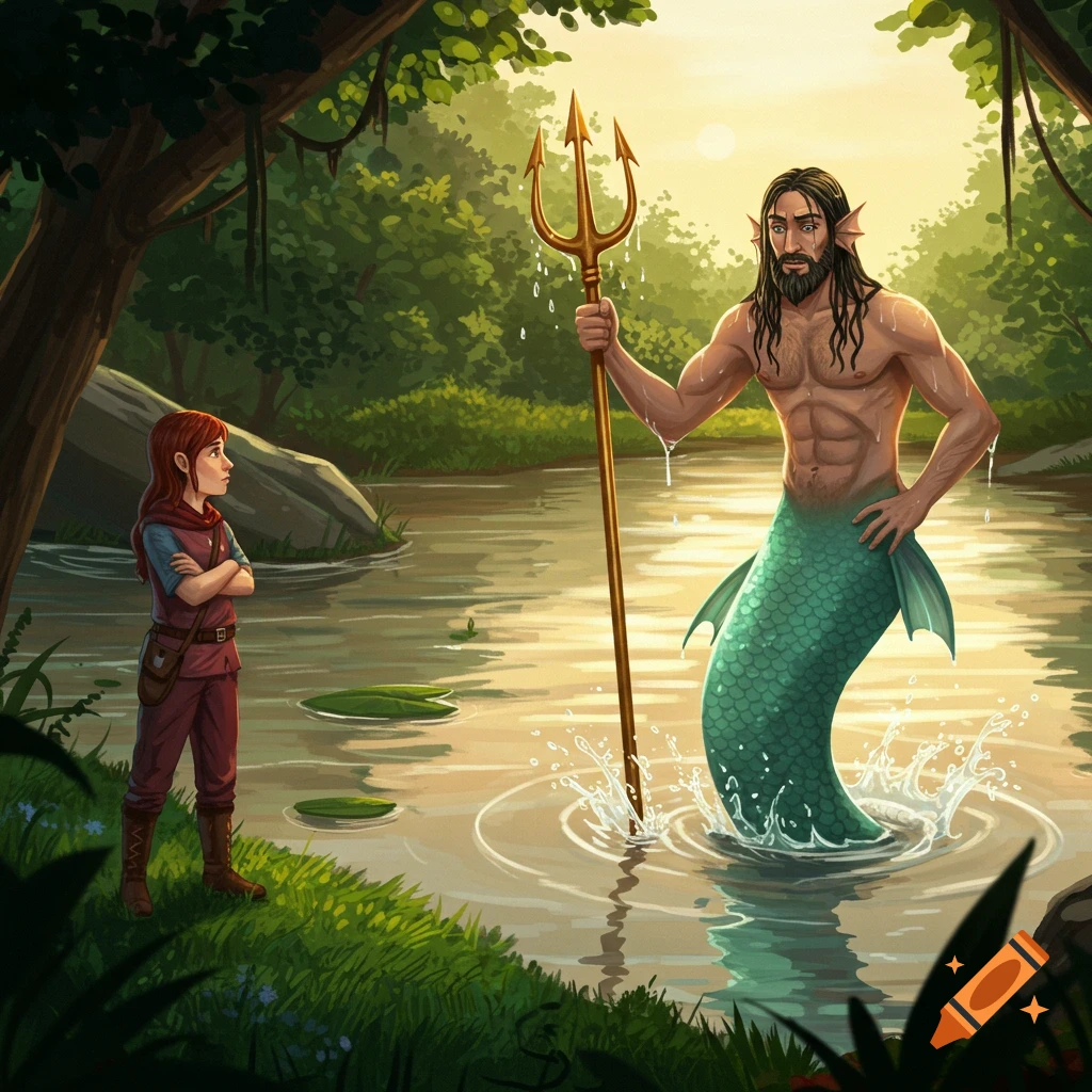 A girl on a riverbank gazes at a muscular merman with long dark hair, holding a golden trident, emerging from the water.