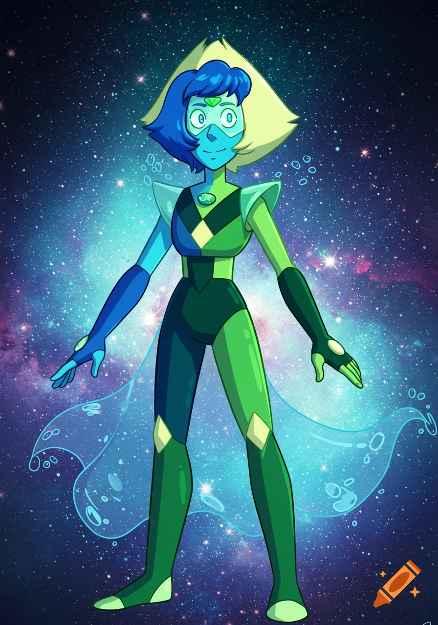 A cartoon character, a fusion of Lapis Lazuli and Peridot, stands against a vibrant blue and purple galaxy background.