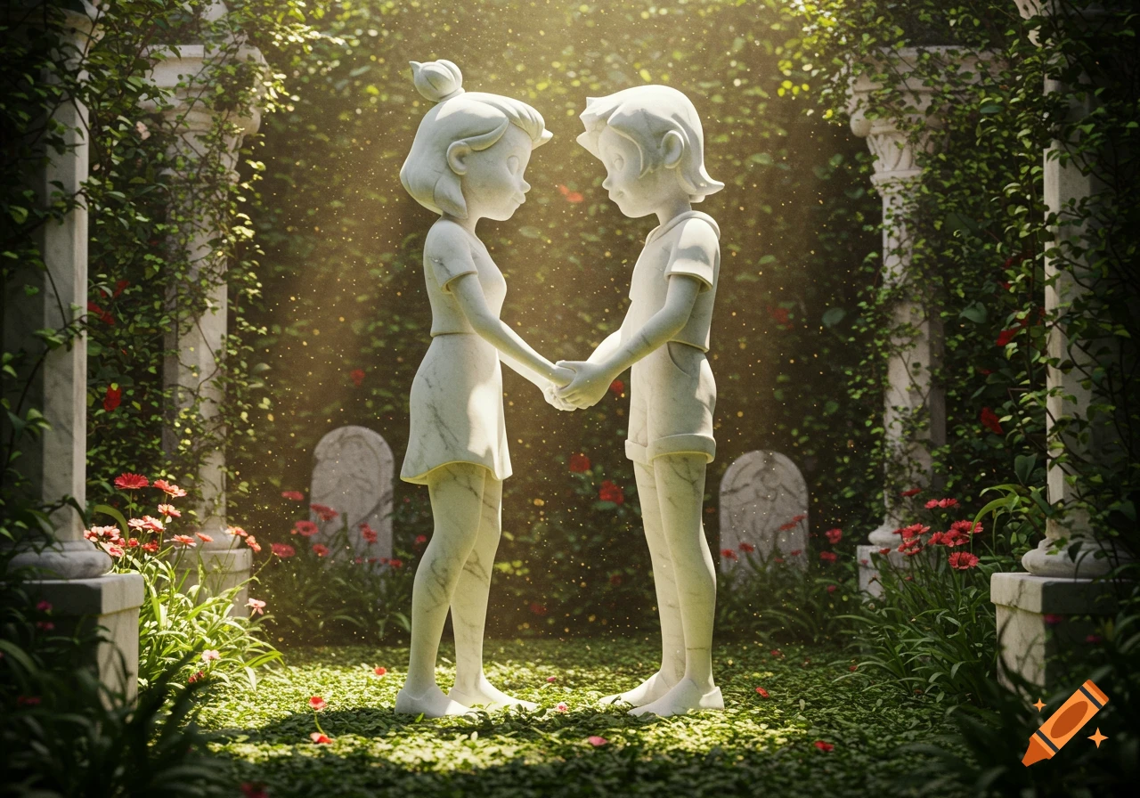 Two cartoonish marble statues, a boy and a girl, hold hands in a sunlit, overgrown garden with red flowers and ancient columns.