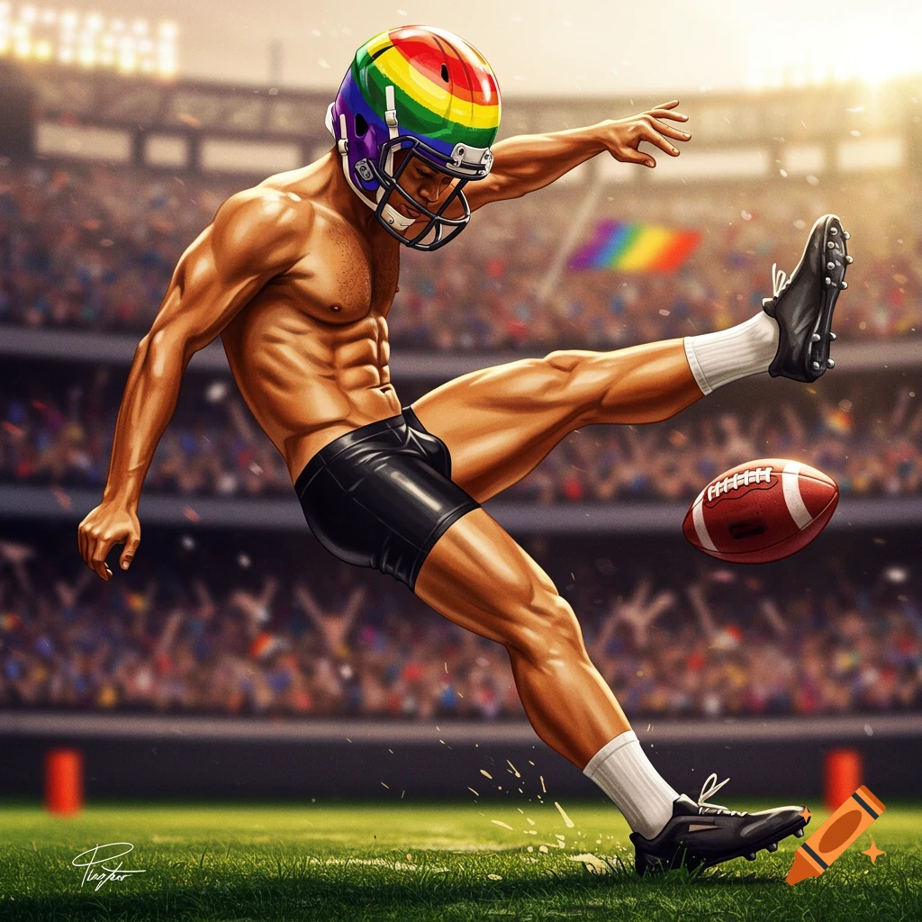 A shirtless, muscular man wearing a gay pride football helmet kicks an American football in a stadium.