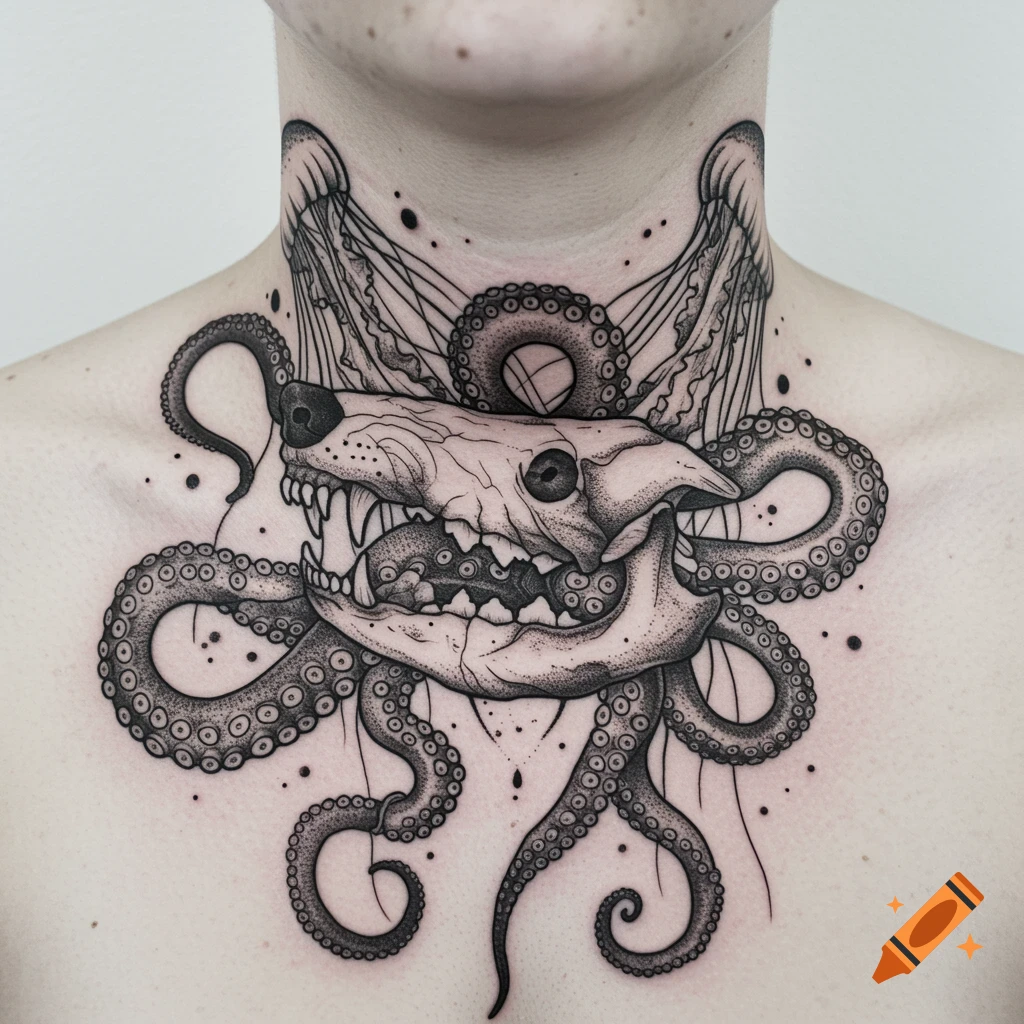 A detailed blackwork tattoo on a person's chest and neck, featuring a wolf-like skull jaw intertwined with octopus tentacles and delicate jellyfish.
