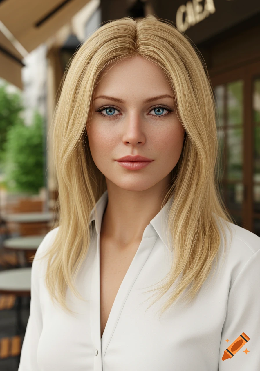 A photorealistic portrait of a blonde woman with blue eyes wearing a white shirt, standing outside a cafe.