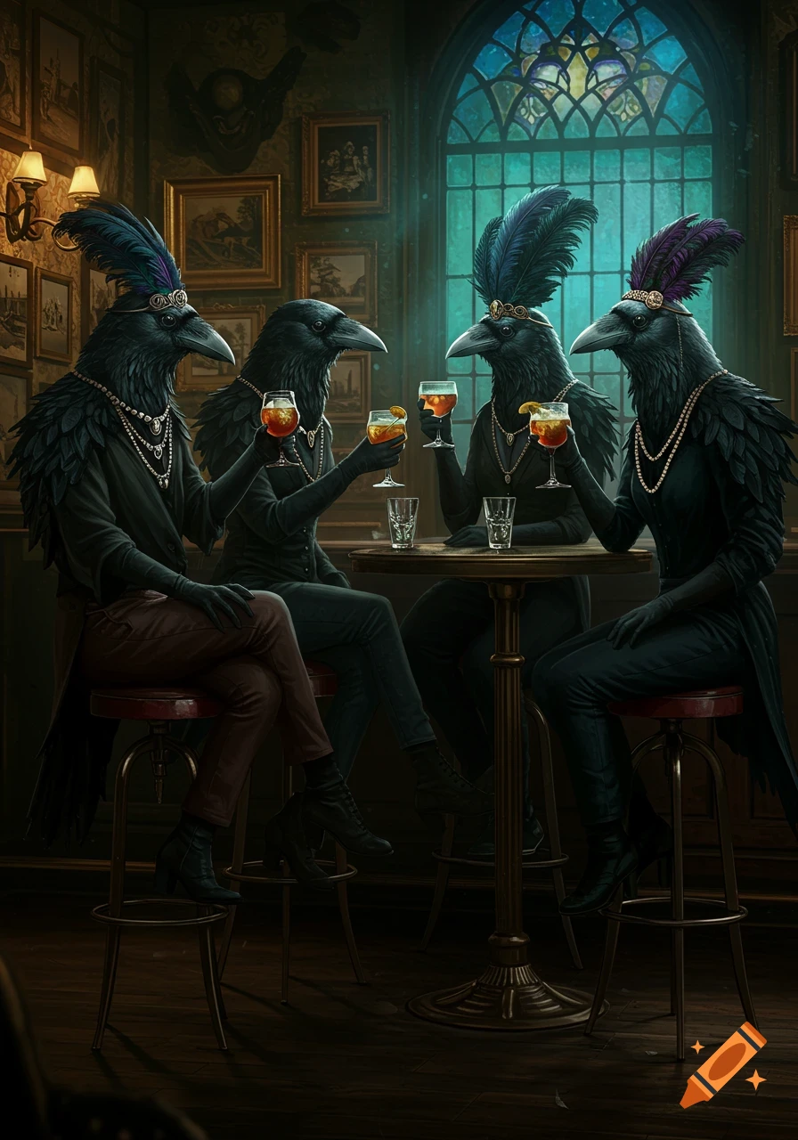 Four anthropomorphic crow women in elaborate attire drink cocktails at a table in a dimly lit, gothic-style bar with a large stained-glass window.
