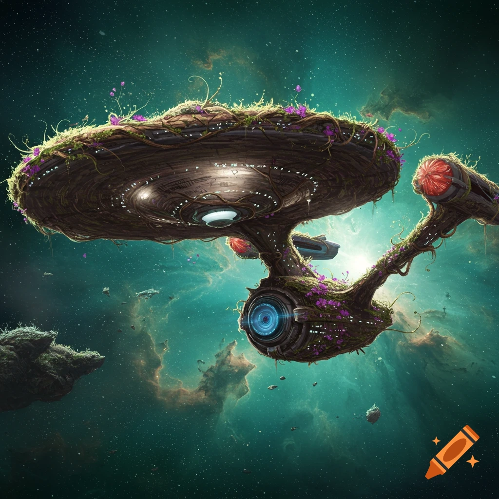 An organic, moss and vine-covered spaceship resembling the Starship  Enterprise, adorned with purple flowers, floats through a teal nebula in  space. on Craiyon, image size:1024x1024
