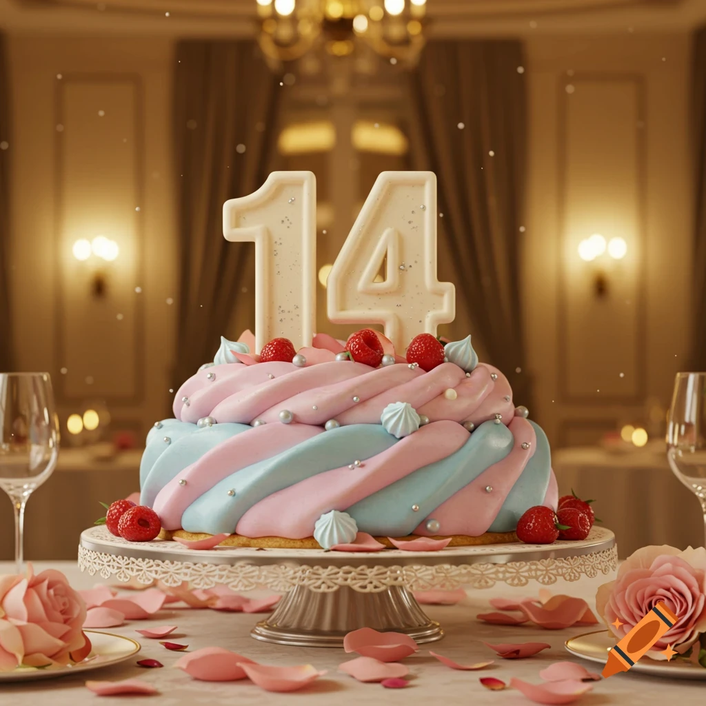 A photorealistic birthday cake with large '14' numerals, pink and blue frosting, raspberries, and roses on a table.
