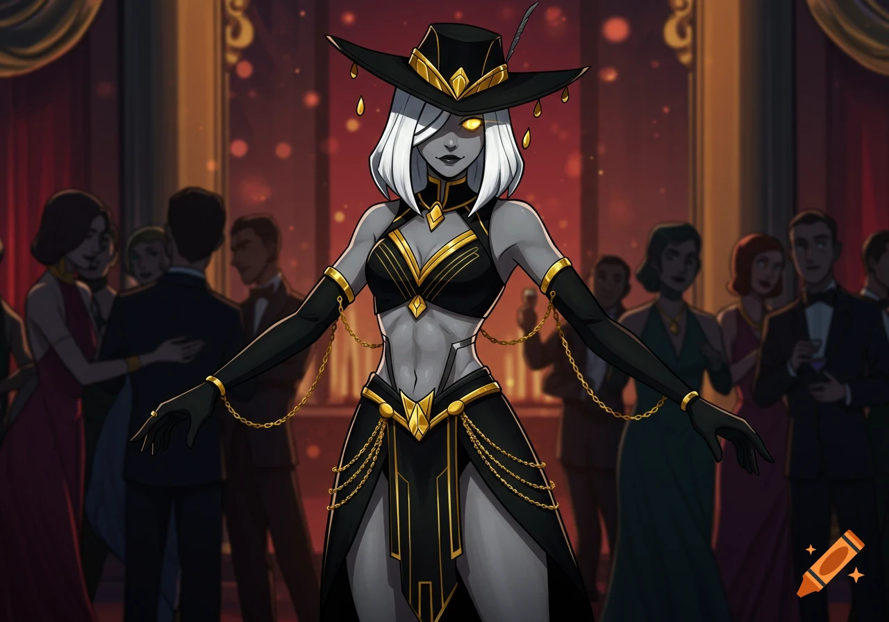 A woman with gray skin, white hair, and glowing gold eyes, dressed in a black and gold art deco outfit with a wide-brimmed hat, at a grand gala party in animation style.