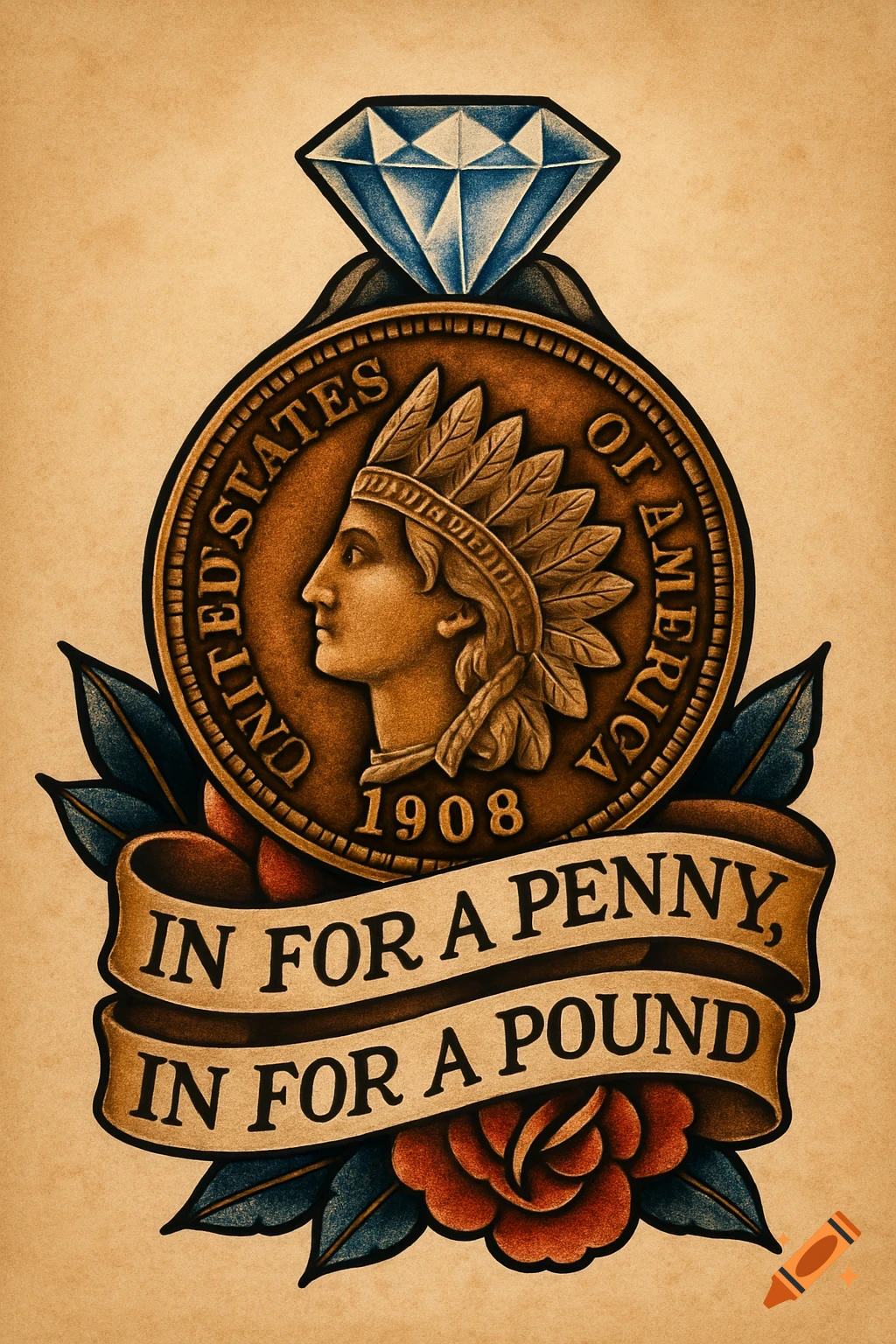 Traditional tattoo illustration of an Indian Head Penny coin, a diamond, and a banner with 'In for a Penny, In for a Pound' text.