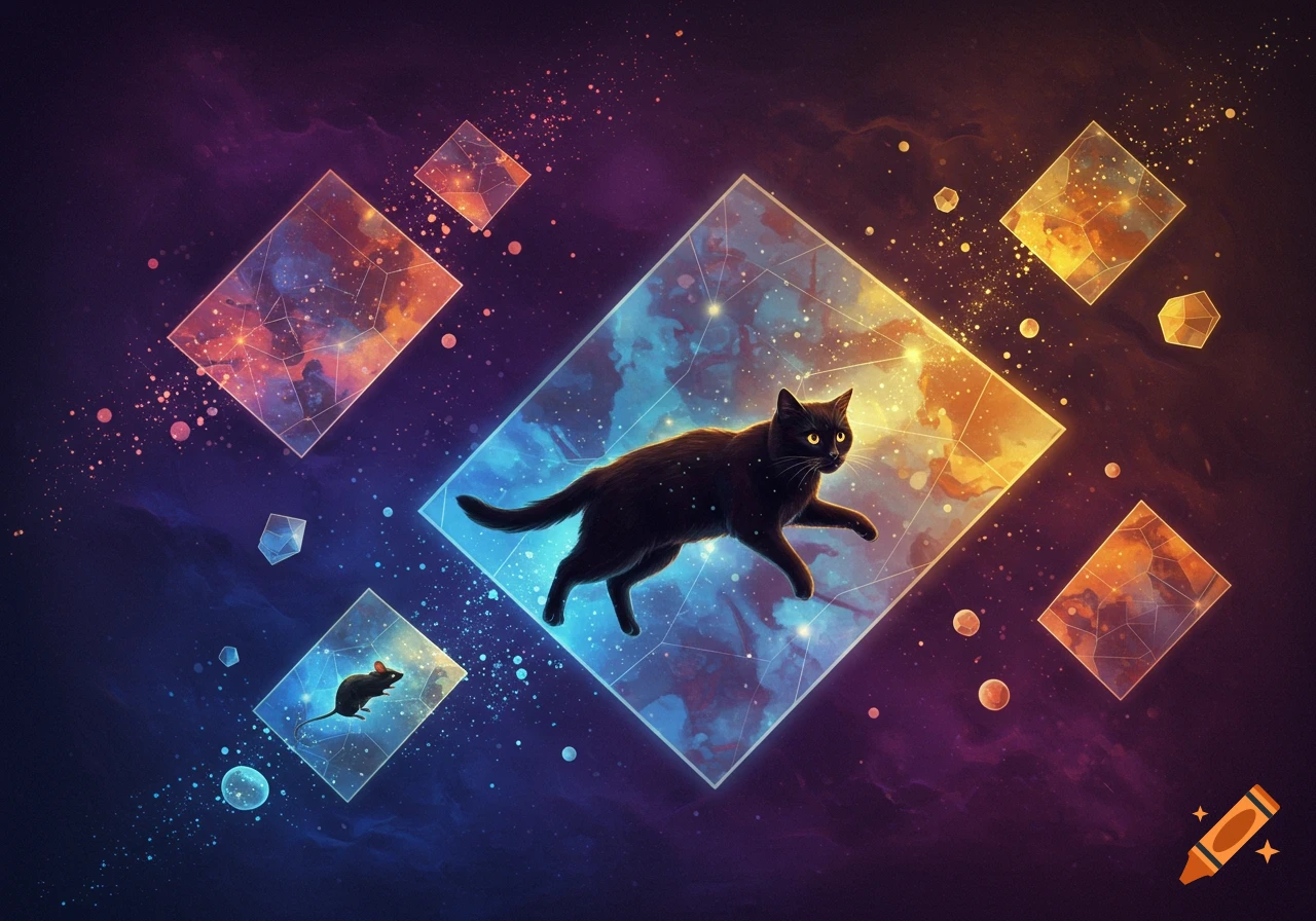 A black cat floats through glowing geometric dimensions in a vibrant cosmic scene, with a small mouse in another.
