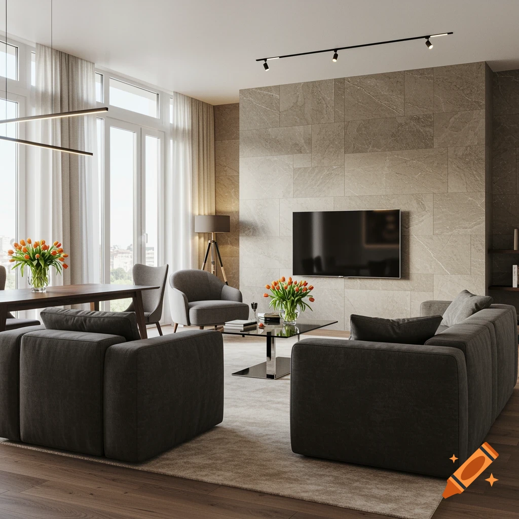 A modern living room with dark sofas, a TV on a stone wall, a dining table, and large windows. Photorealistic style.