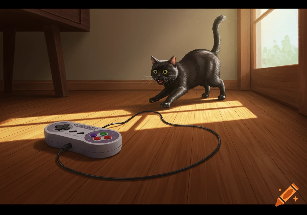 A black cat crouches on a wooden floor, appearing to chase a gray Super Nintendo Entertainment System controller. Sunlight streams through a window on the right.