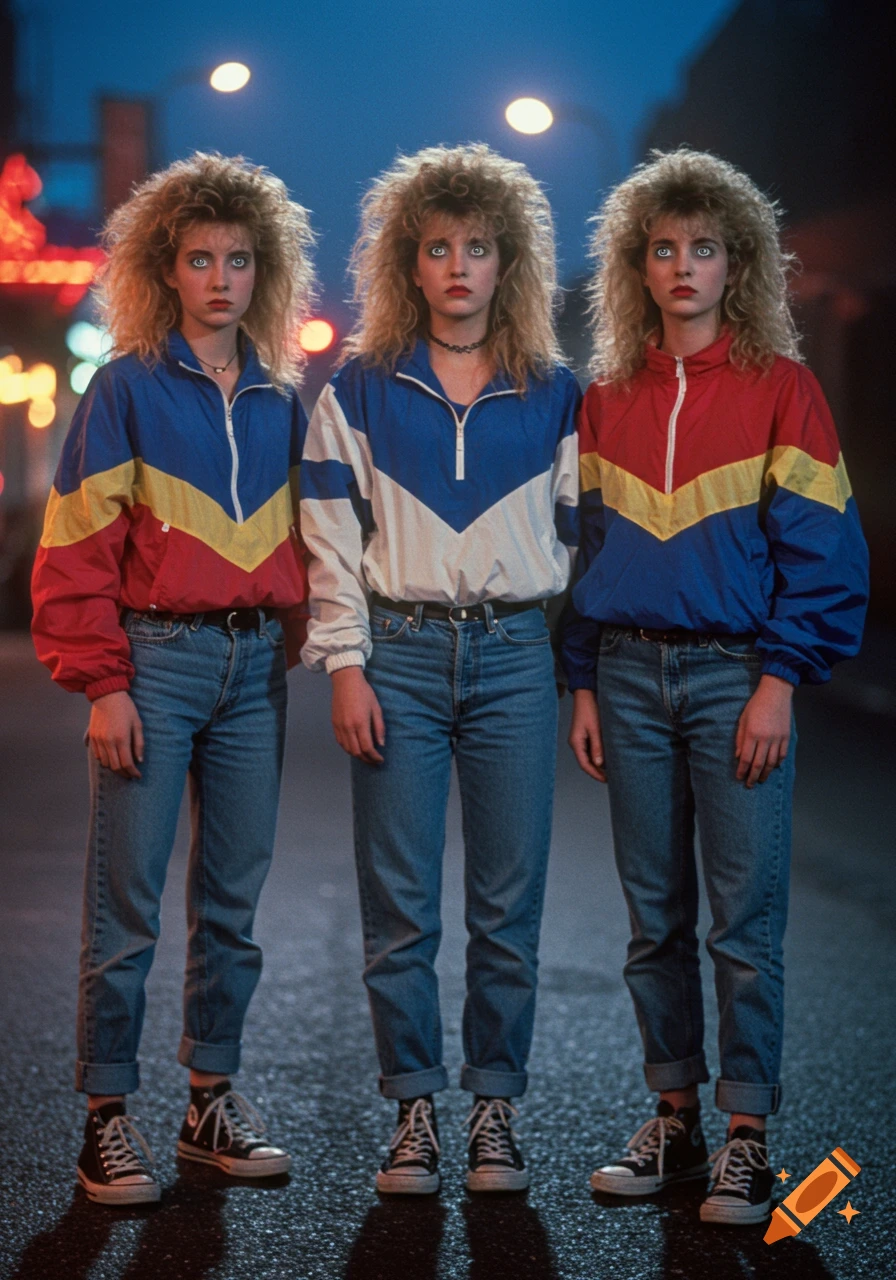 Three young women with large curly hair and 80s tracksuits stand on a city street at night, staring with bright white eyes.
