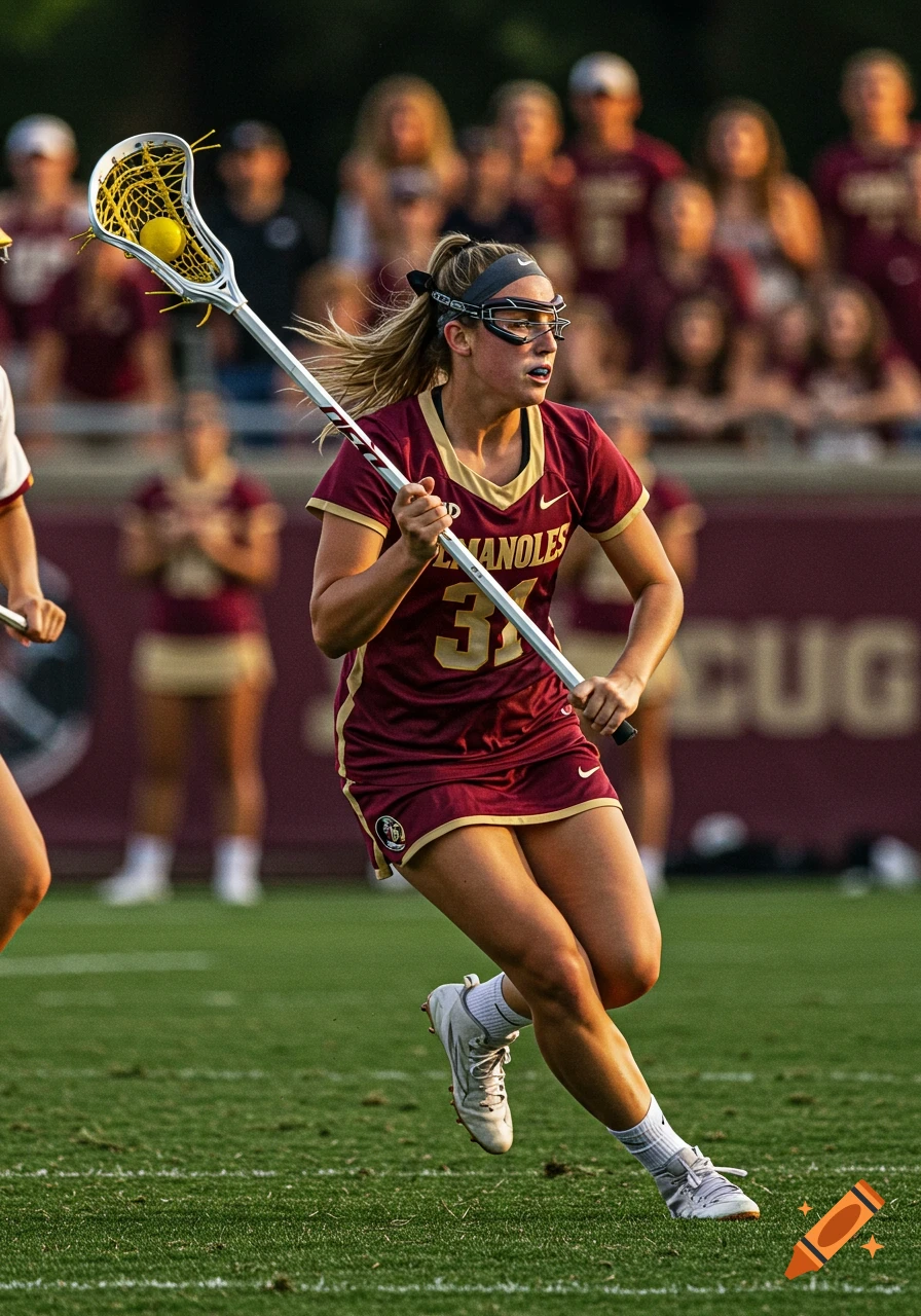 A female lacrosse player in a maroon uniform with "Seminoles" and number 31, running on a green field with a stick and ball.