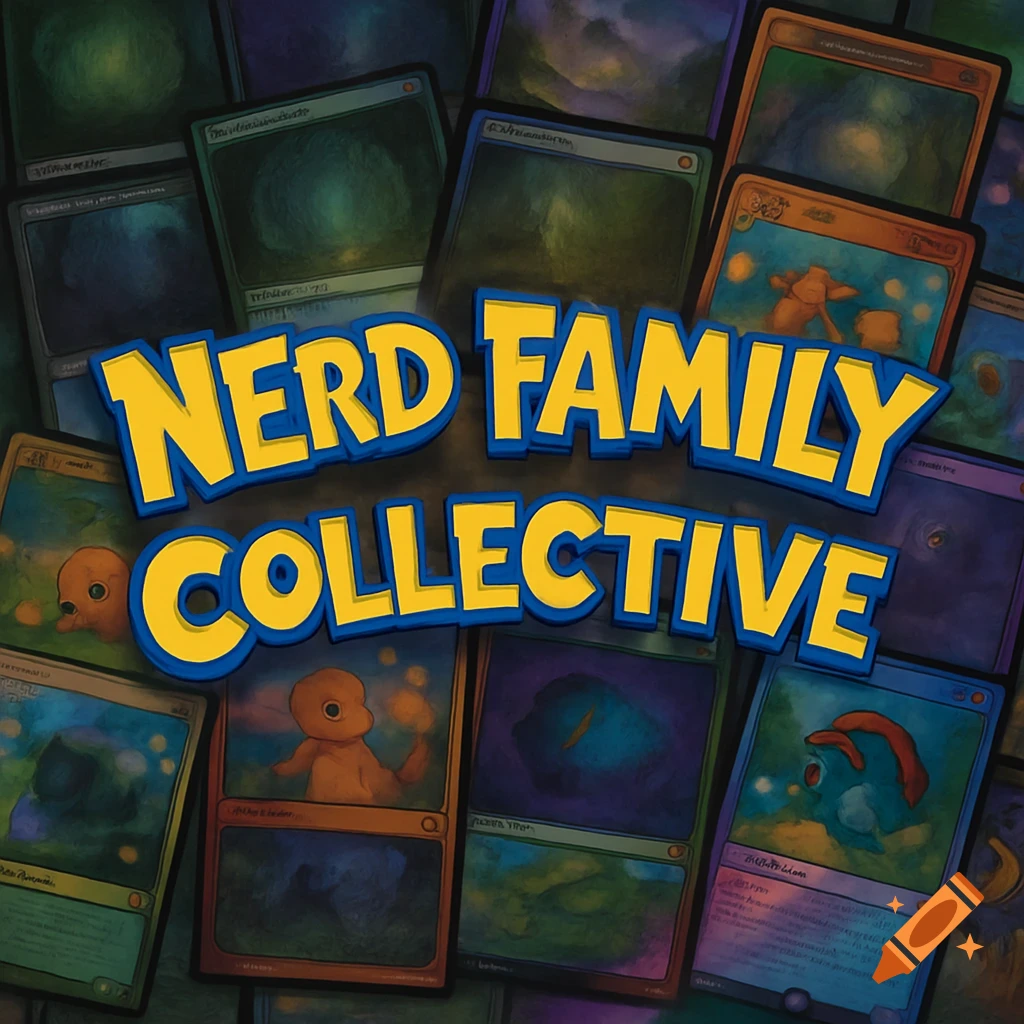 Yellow and blue text 'NERD FAMILY COLLECTIVE' over a background of blurry Magic the Gathering and Pok 00e9mon cards.