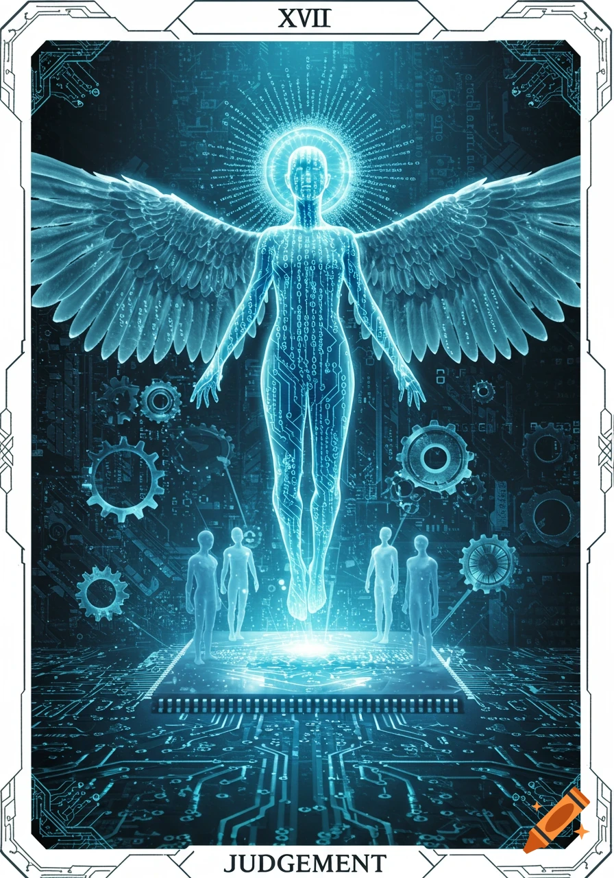 A glowing, winged, humanoid figure made of circuit patterns floats above a digital landscape with smaller figures and gears, framed like a tarot card.