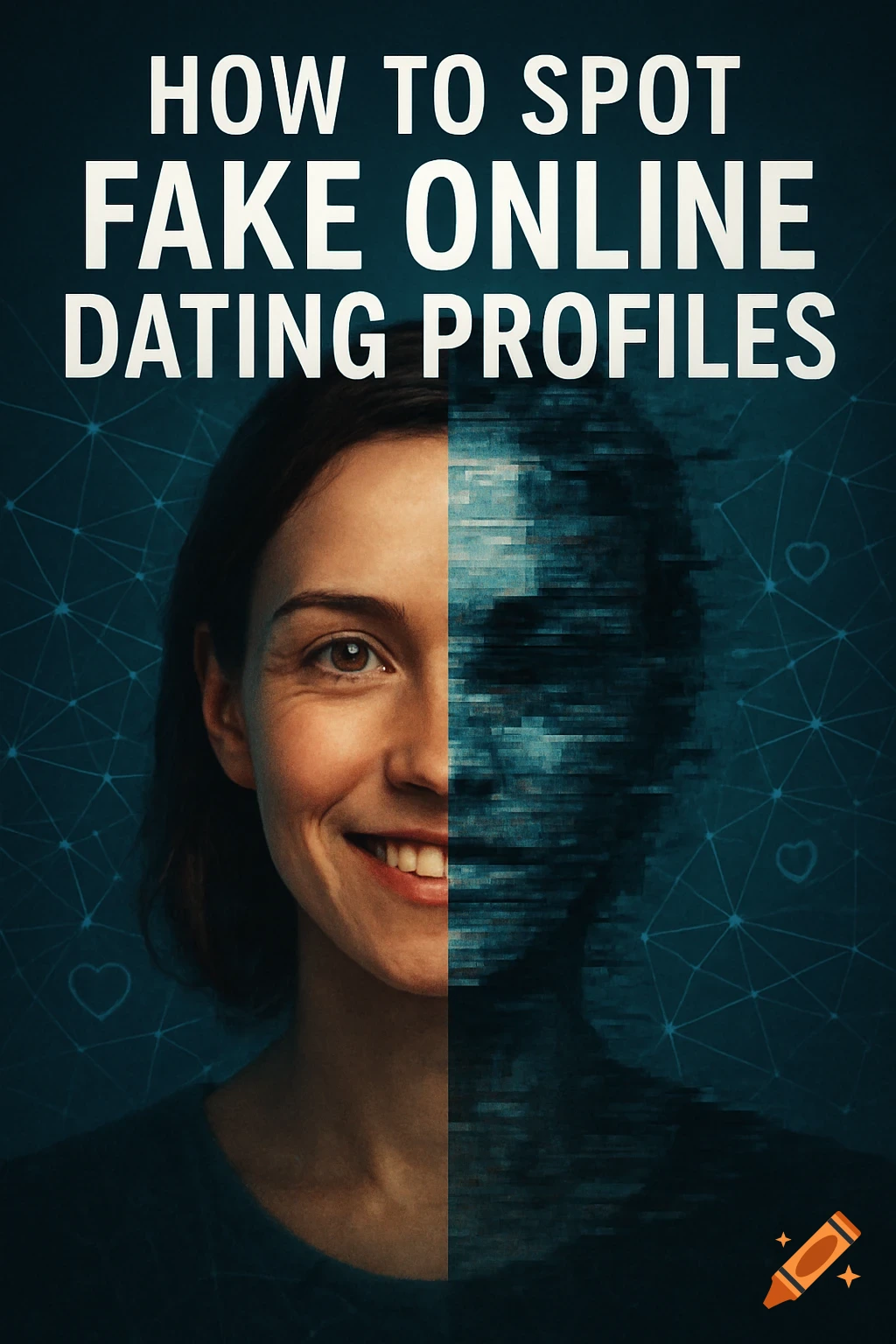 A woman's face, half real and smiling, half digitally glitched, with the title 'HOW TO SPOT FAKE ONLINE DATING PROFILES' above.