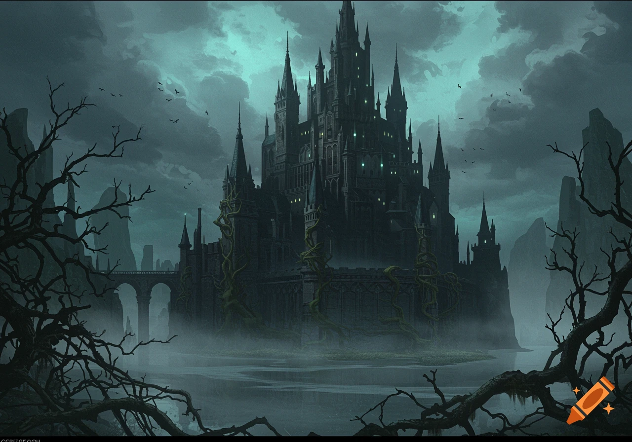 A dark, gothic castle with spires and glowing green windows sits in a misty, swampy landscape under a cloudy, teal-tinged sky. Bare, twisted trees are in the foreground, with distant mountains.