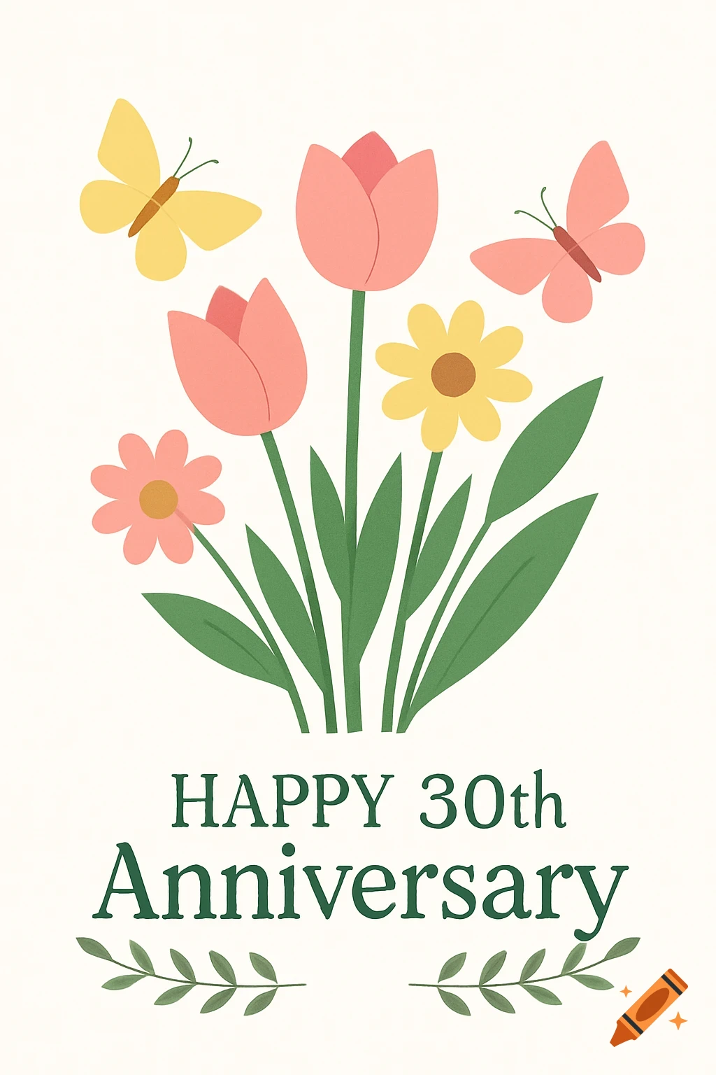 A cartoon-style 30th anniversary card with pink tulips, yellow and pink flowers, and yellow and pink butterflies. The text reads 'HAPPY 30th Anniversary'.