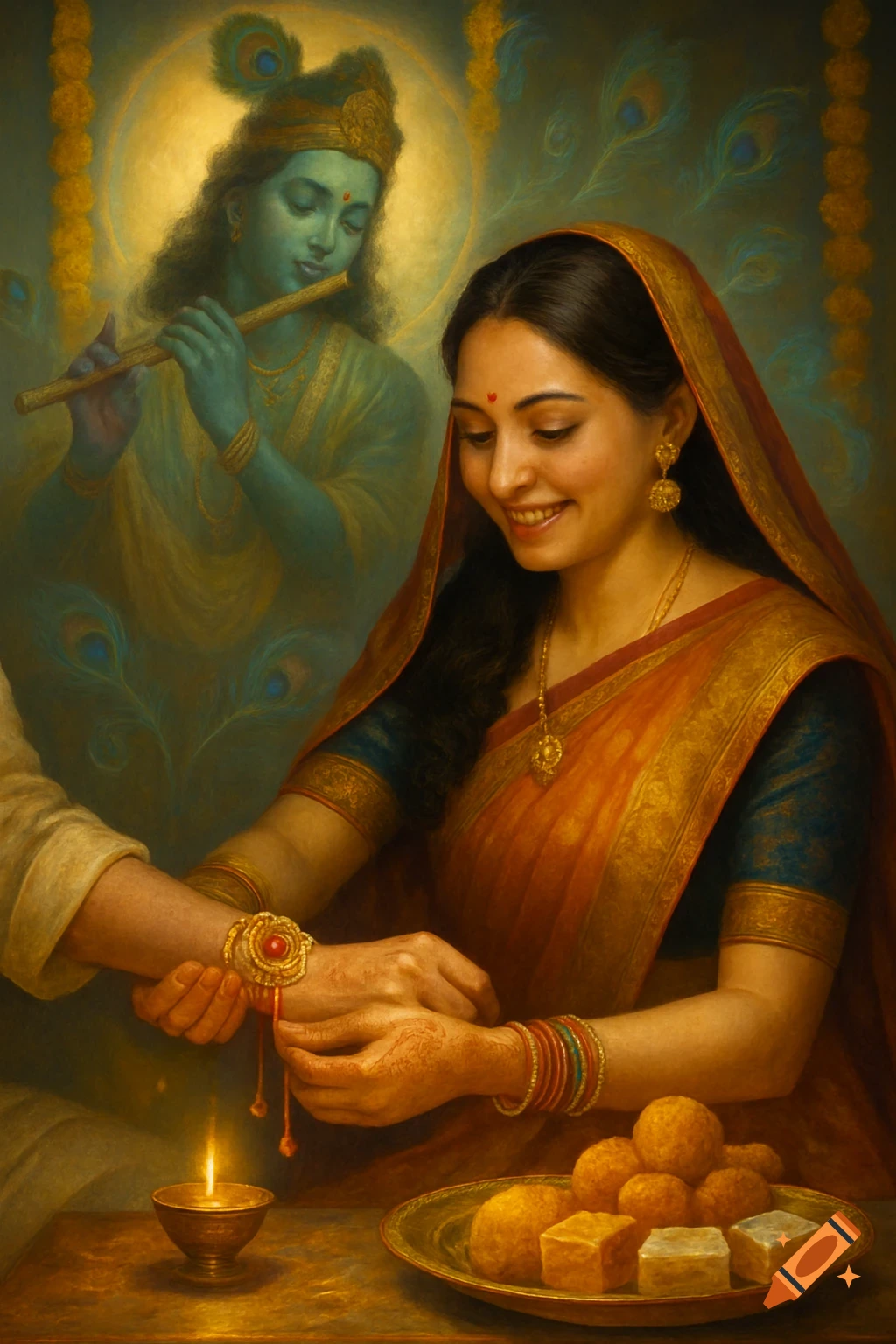 A woman in a traditional saree ties a rakhi on a man's wrist, with Lord Krishna playing a flute in the background, in a painterly style.