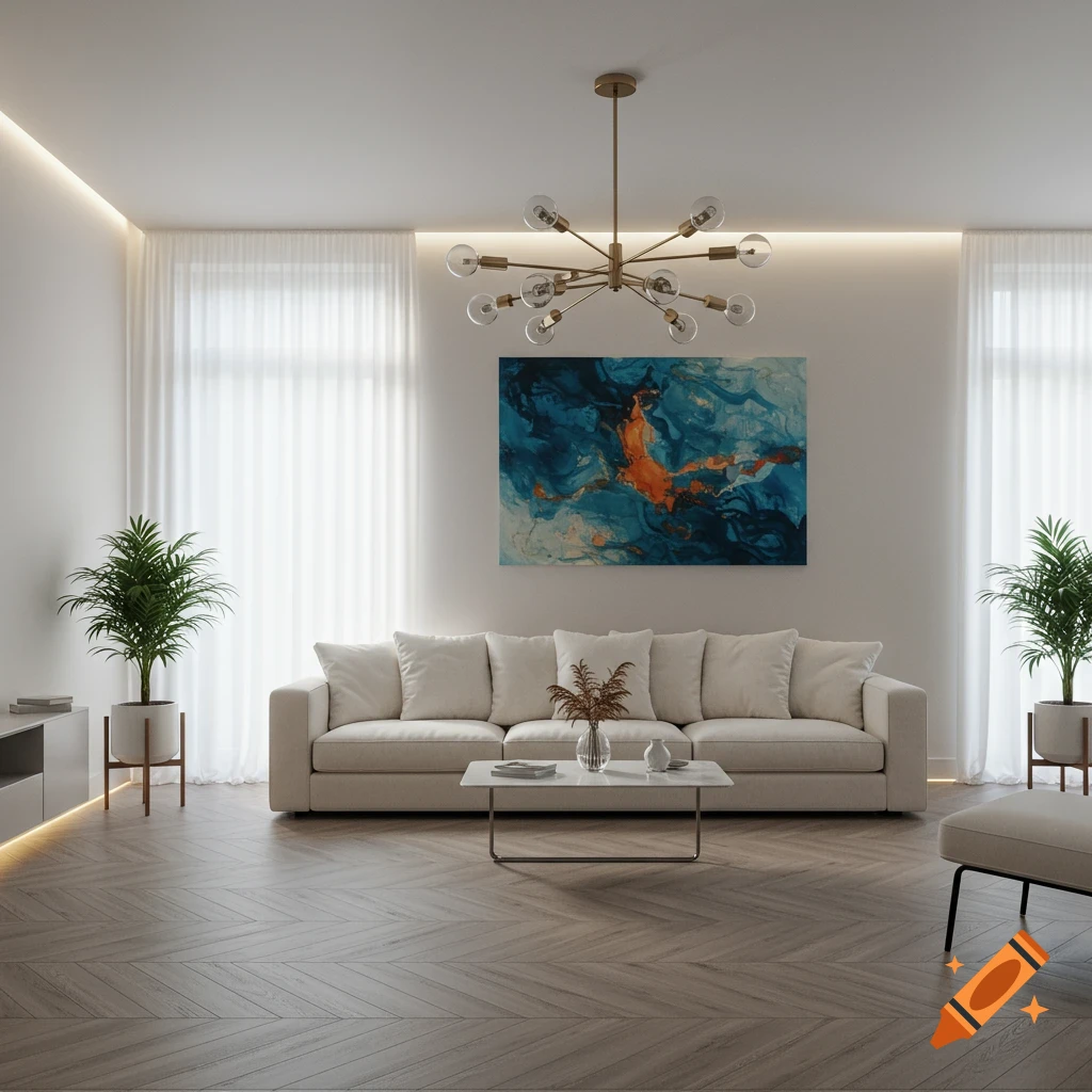 A photorealistic modern living room with a white sofa, a coffee table, abstract art, a gold chandelier, and herringbone wood floors.