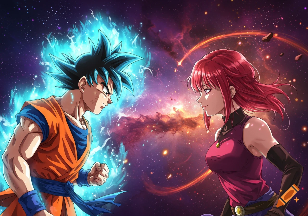 Goku in Super Saiyan Blue form and Makima from Chainsaw Man face off in a cosmic space battle, anime style.