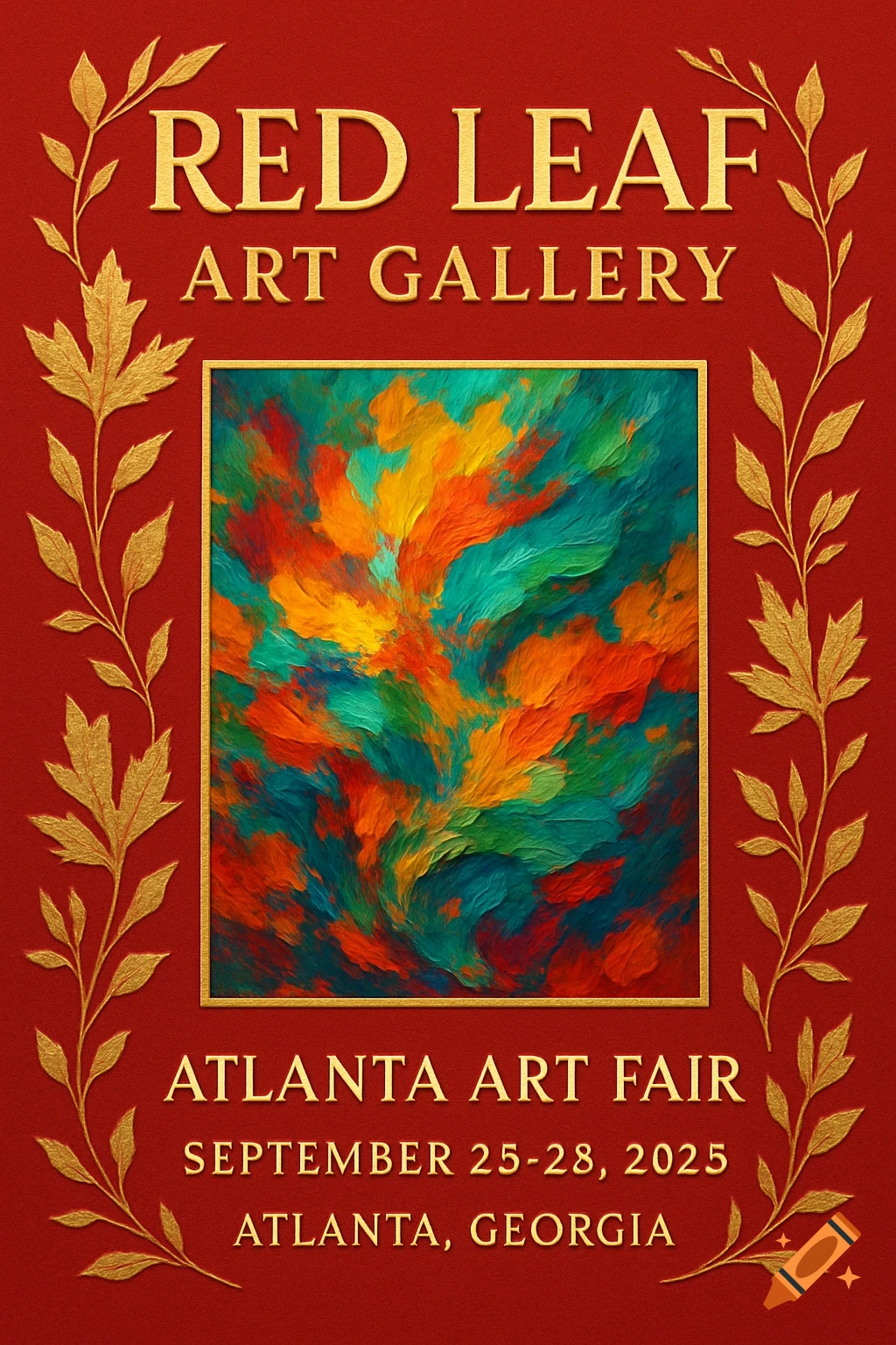 A red and gold art gallery flyer with an abstract painting in the center. Gold leaves frame the top and bottom text.