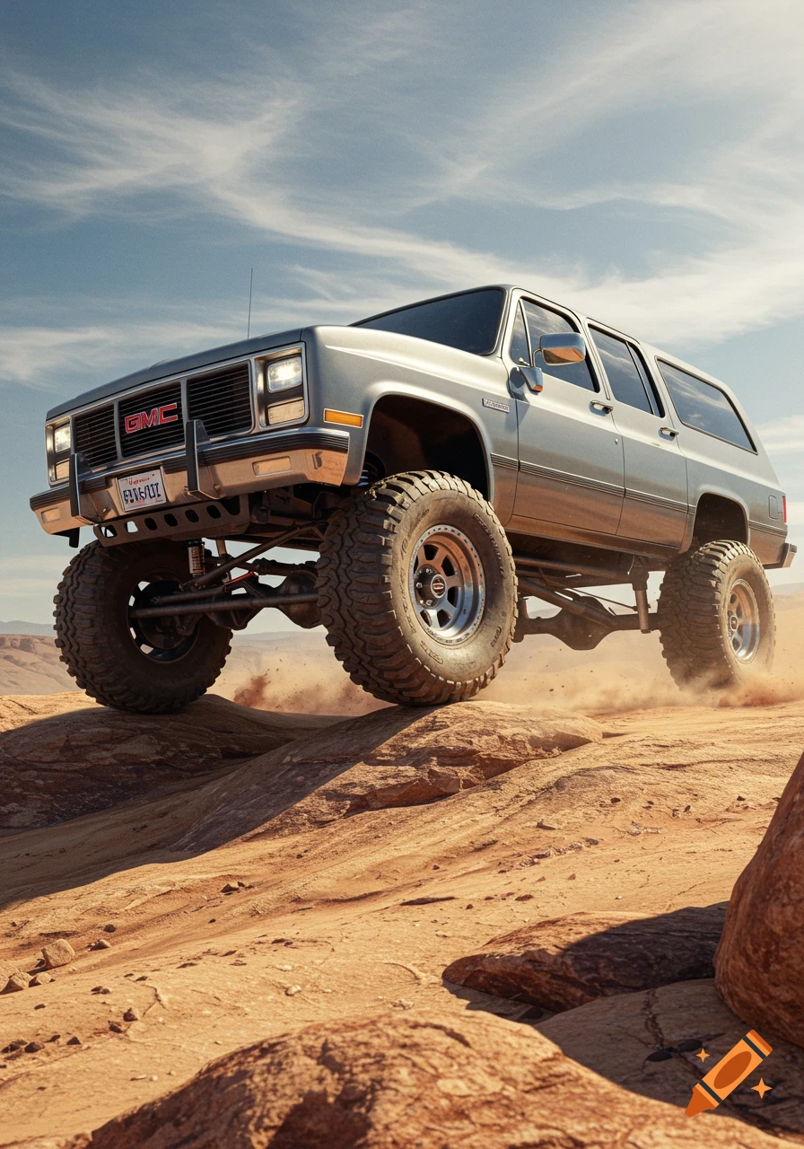Photorealistic image of a lifted gray GMC Suburban 4x4 off-roading in a desert landscape under a blue sky.