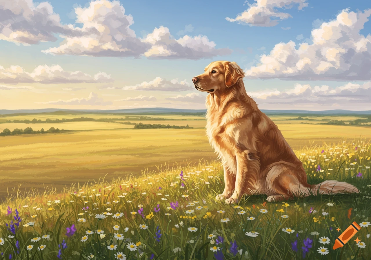 A golden retriever sits in a field of wildflowers with a golden landscape and blue sky in the background.