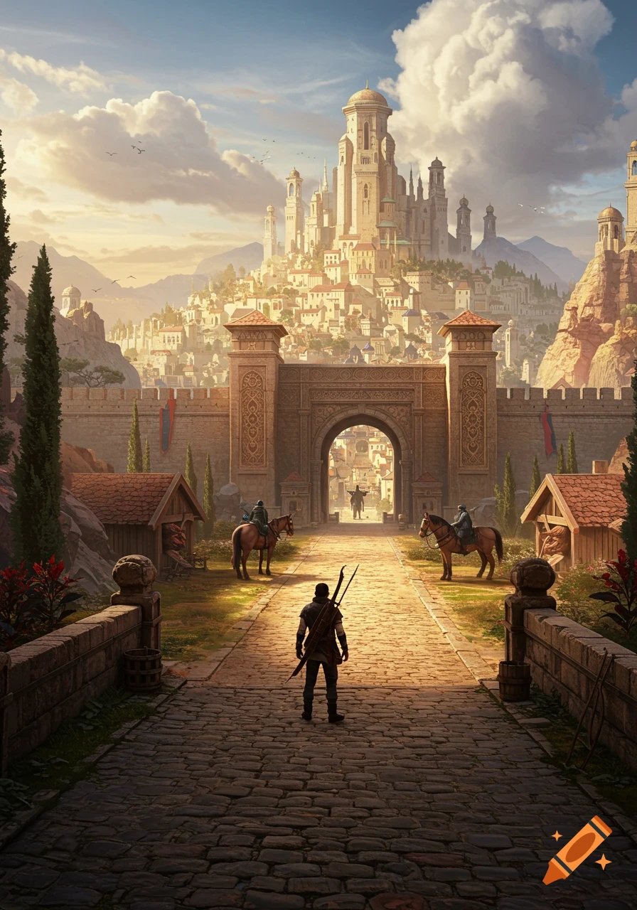 A lone adventurer stands on a cobblestone path, looking towards the grand entrance of a vast, sprawling medieval fantasy city nestled against mountains under a dramatic sky.