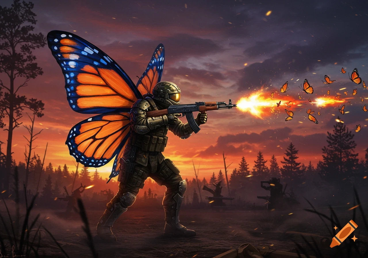 A soldier with monarch butterfly wings fires an AK-47, with muzzle flash and butterflies flying out, at sunset in a forest.