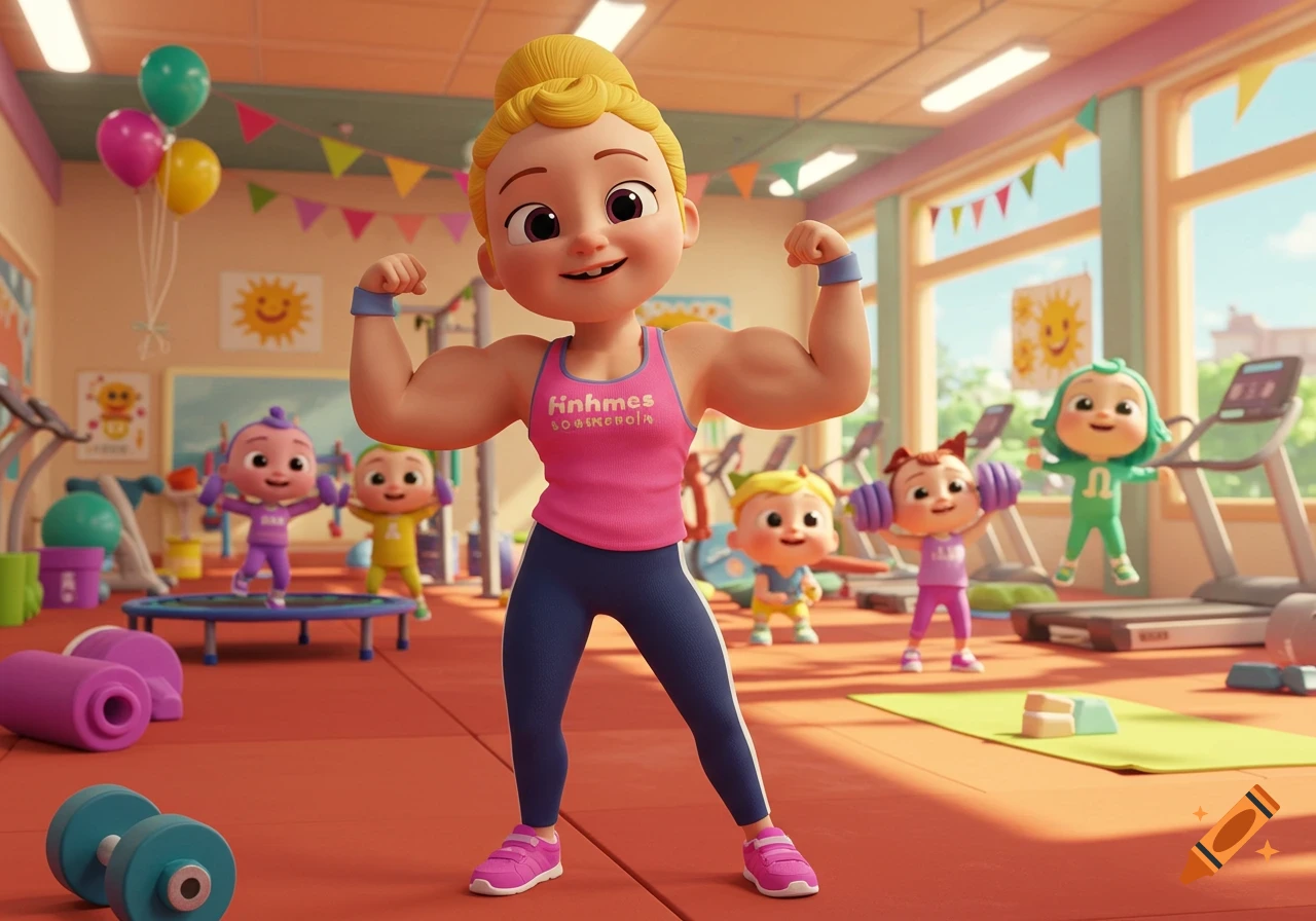 A Cocomelon-style character, Nina's mommy, flexes her large muscles in a gym with other baby characters in the background, cartoon style.