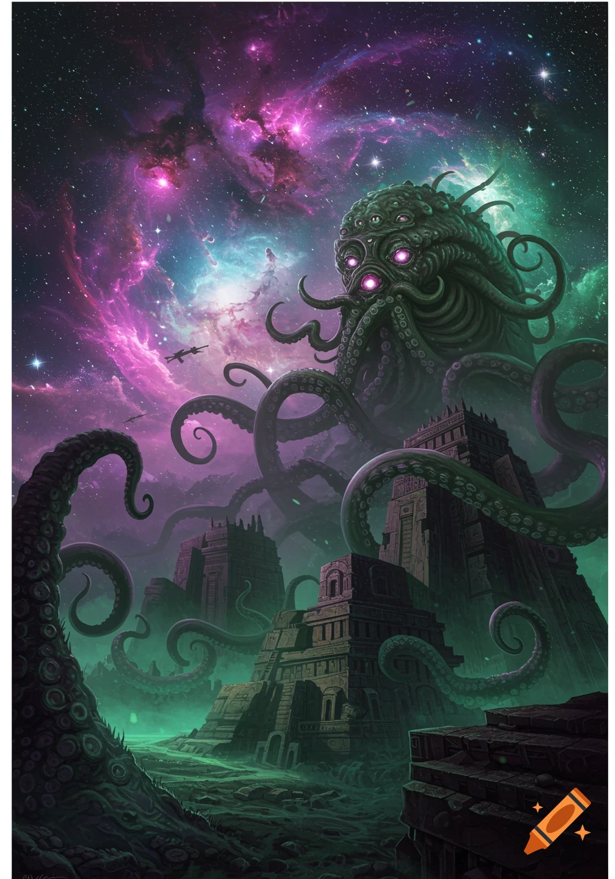 A colossal, tentacled cosmic horror with glowing eyes looms over ancient ruins beneath a vibrant purple and green nebula-filled sky.