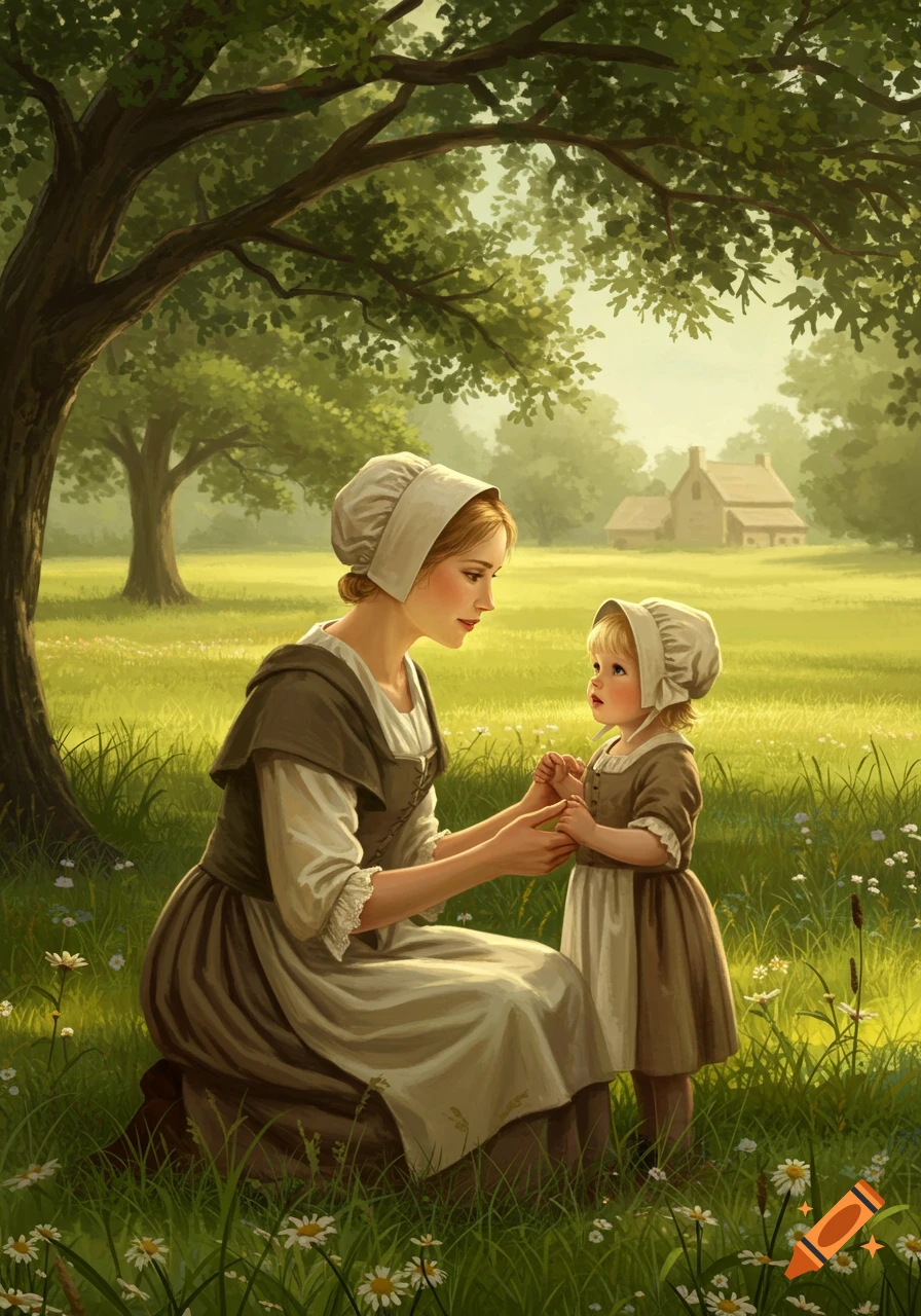 A woman in Puritan attire kneels, holding hands with a small child, in a sunlit grassy field with a house and trees in the background.