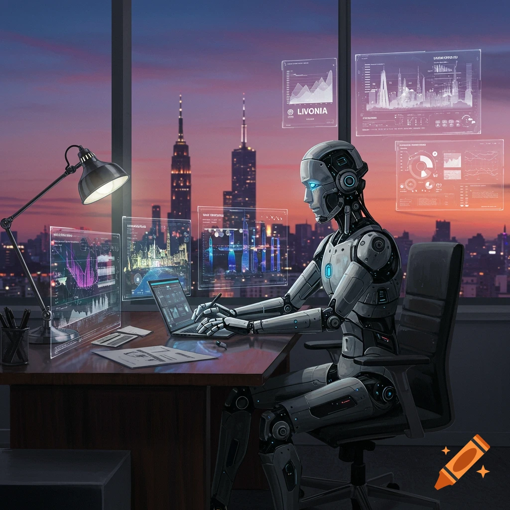 A humanoid robot sits at a desk in a high-rise office, working on a laptop surrounded by glowing holographic data screens overlooking a cityscape at sunset.
