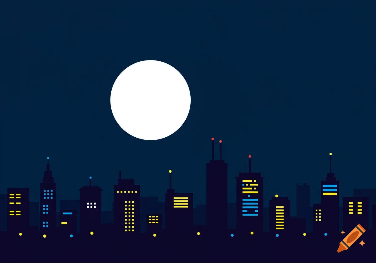 A minimalist illustration of a dark blue night sky with a large white full moon over a city skyline with various illuminated windows.