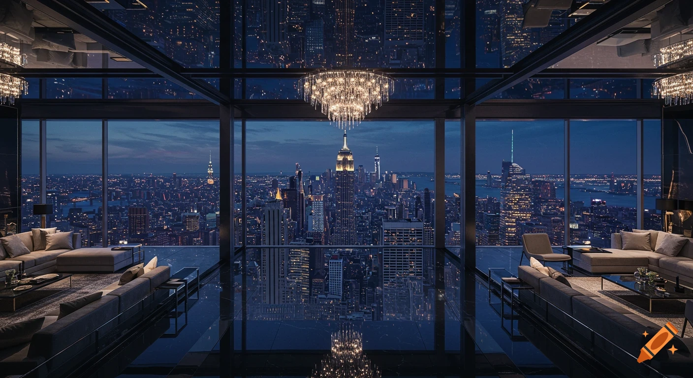 A luxurious penthouse interior with floor-to-ceiling windows overlooking the illuminated New York City skyline at dusk, featuring the Empire State Building.