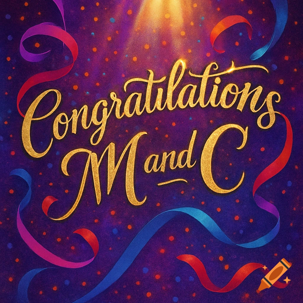 Golden, sparkling 'Congratulations M and C' text on a dark purple background with colorful confetti and ribbons.