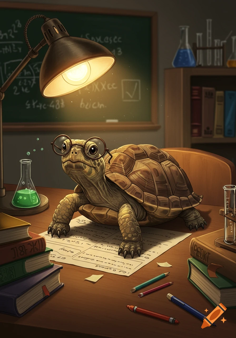 A studious turtle wearing glasses sits at a desk under a desk lamp, surrounded by books, beakers, and scientific equipment, writing on a paper.