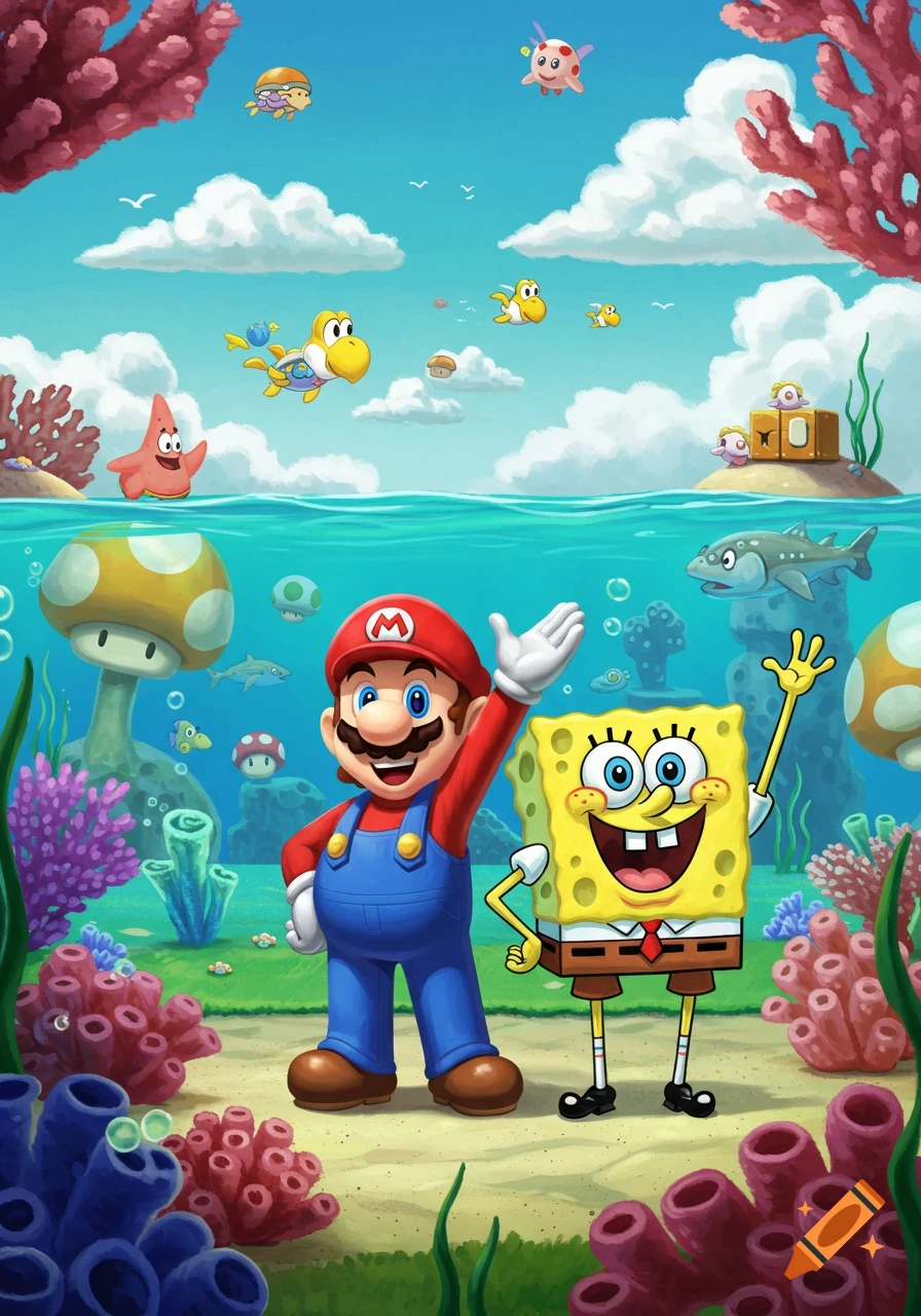 Mario and SpongeBob SquarePants waving underwater with various cartoon marine life, coral, and clouds above the surface in a colorful illustration.