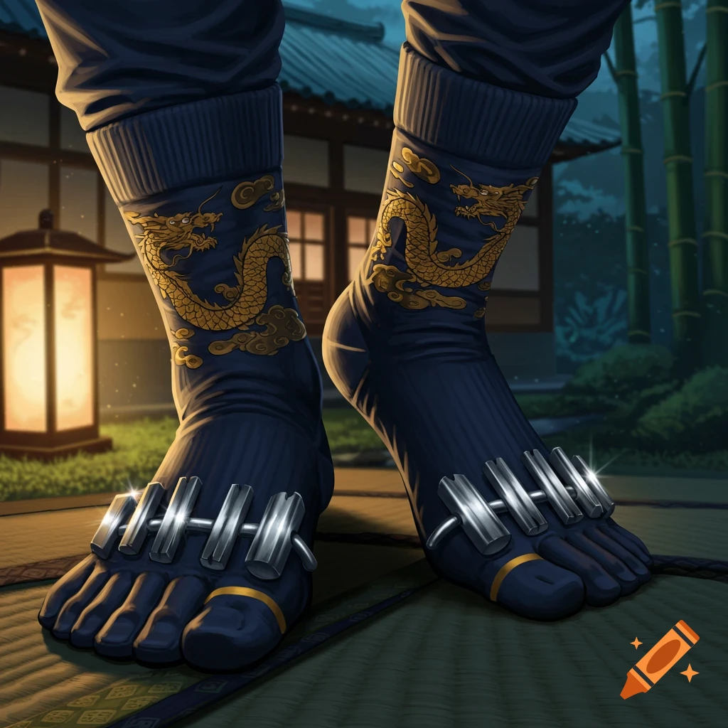 Close-up of feet in dark blue ninja tabi socks with golden dragons and metal tuning fork-like objects on soles, on a tatami mat.