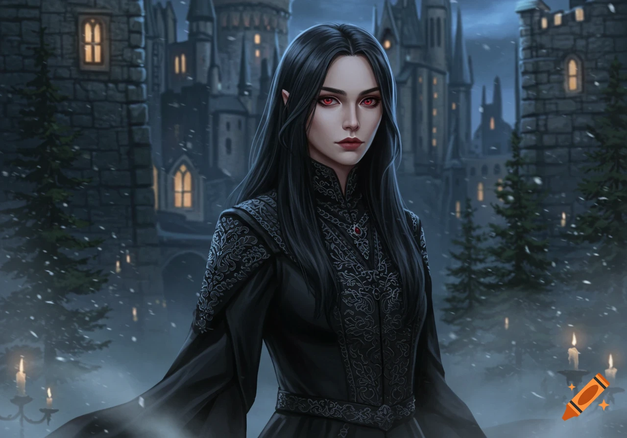 A dark-haired woman with red eyes in an elaborate black dress stands before a snowy, gothic castle at night in digital art.