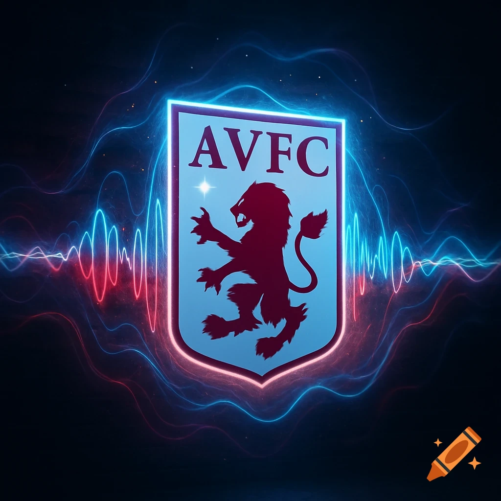 Aston Villa FC logo with a dark background and glowing blue and red energy waves emanating from it.