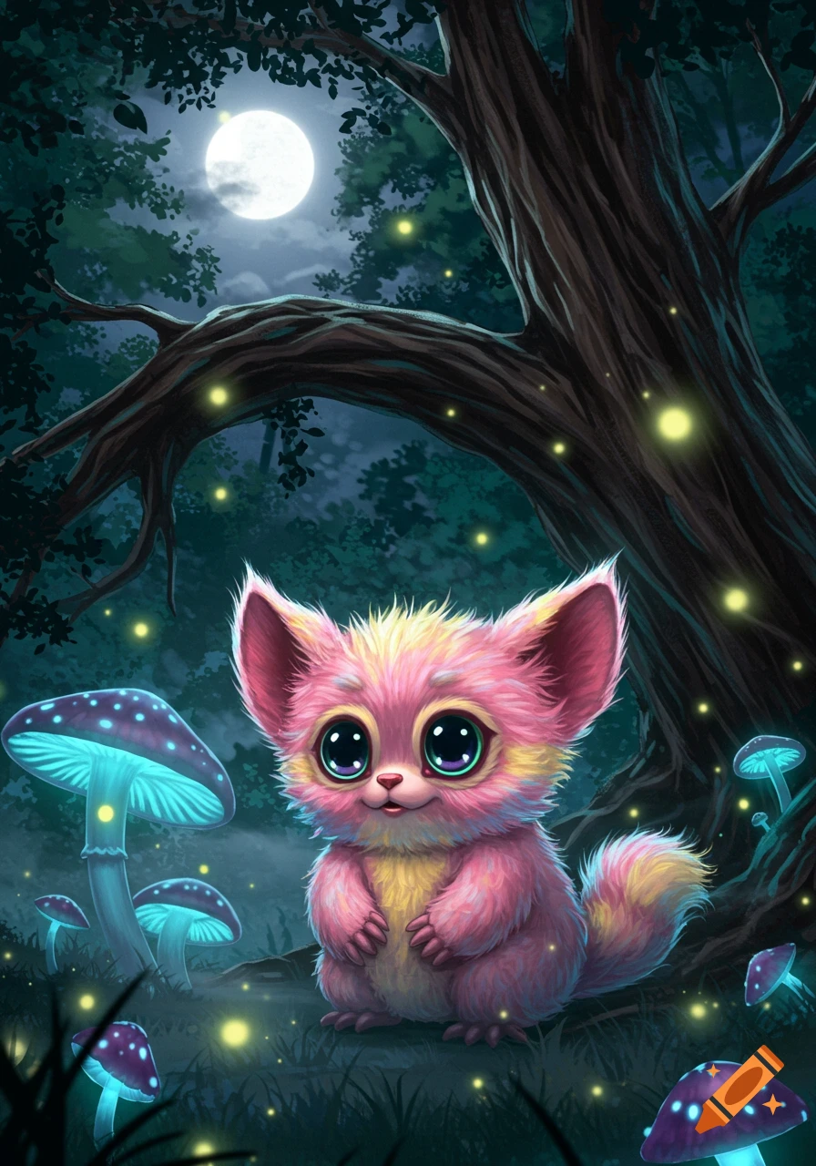 A cute pink and yellow creature in a magical night forest with glowing mushrooms, fireflies, and a full moon.