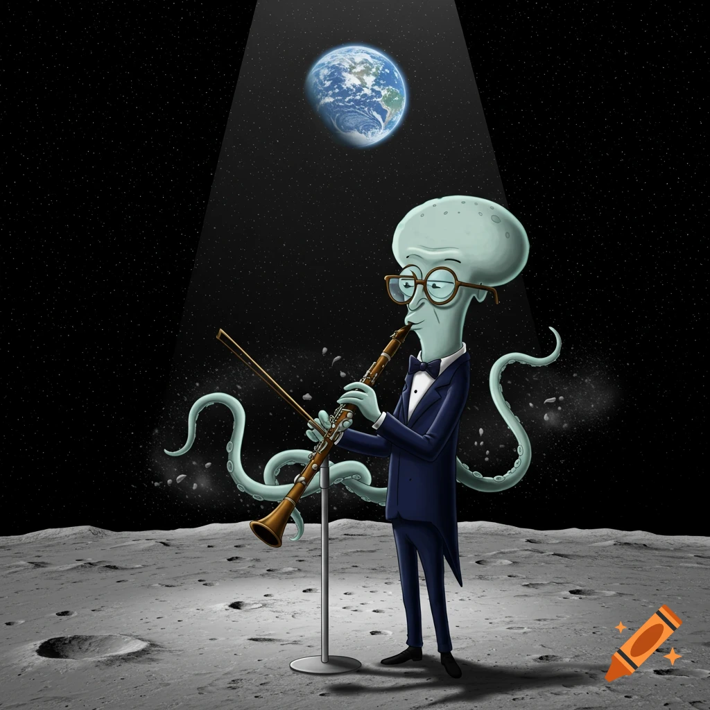 A cartoon octopus-like character in a tuxedo plays a clarinet on the moon as Earth shines above.