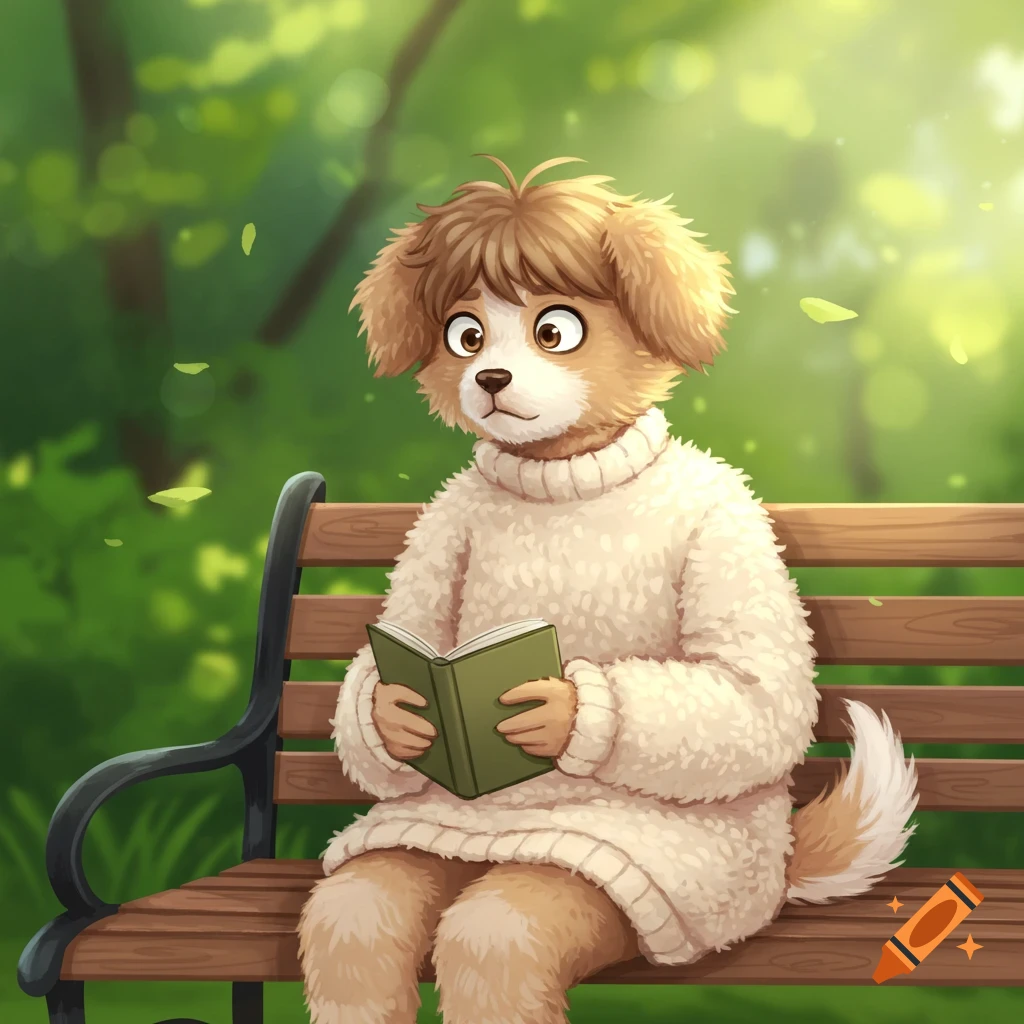 A cute cartoon anthropomorphic dog with fluffy brown fur and a white sweater sits on a park bench, reading a green book in sunlight.