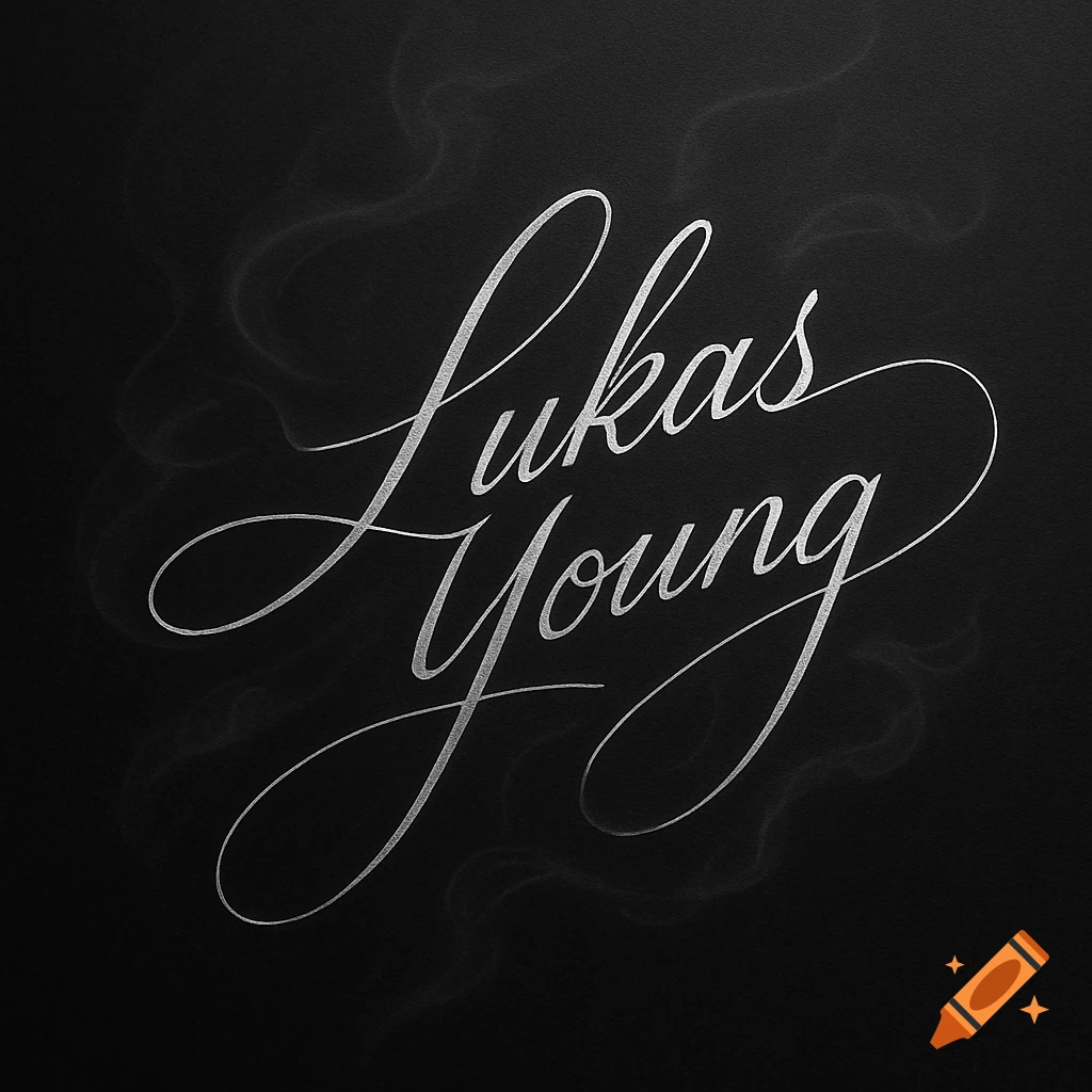 Silver script signature for Lukas Young on a dark background.