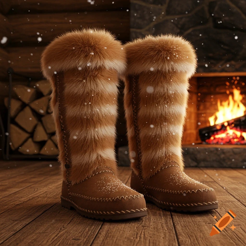 Photorealistic image of a pair of brown fur boots with white stripes and furry tops, standing on a wooden floor in front of a cozy fireplace with falling snow.