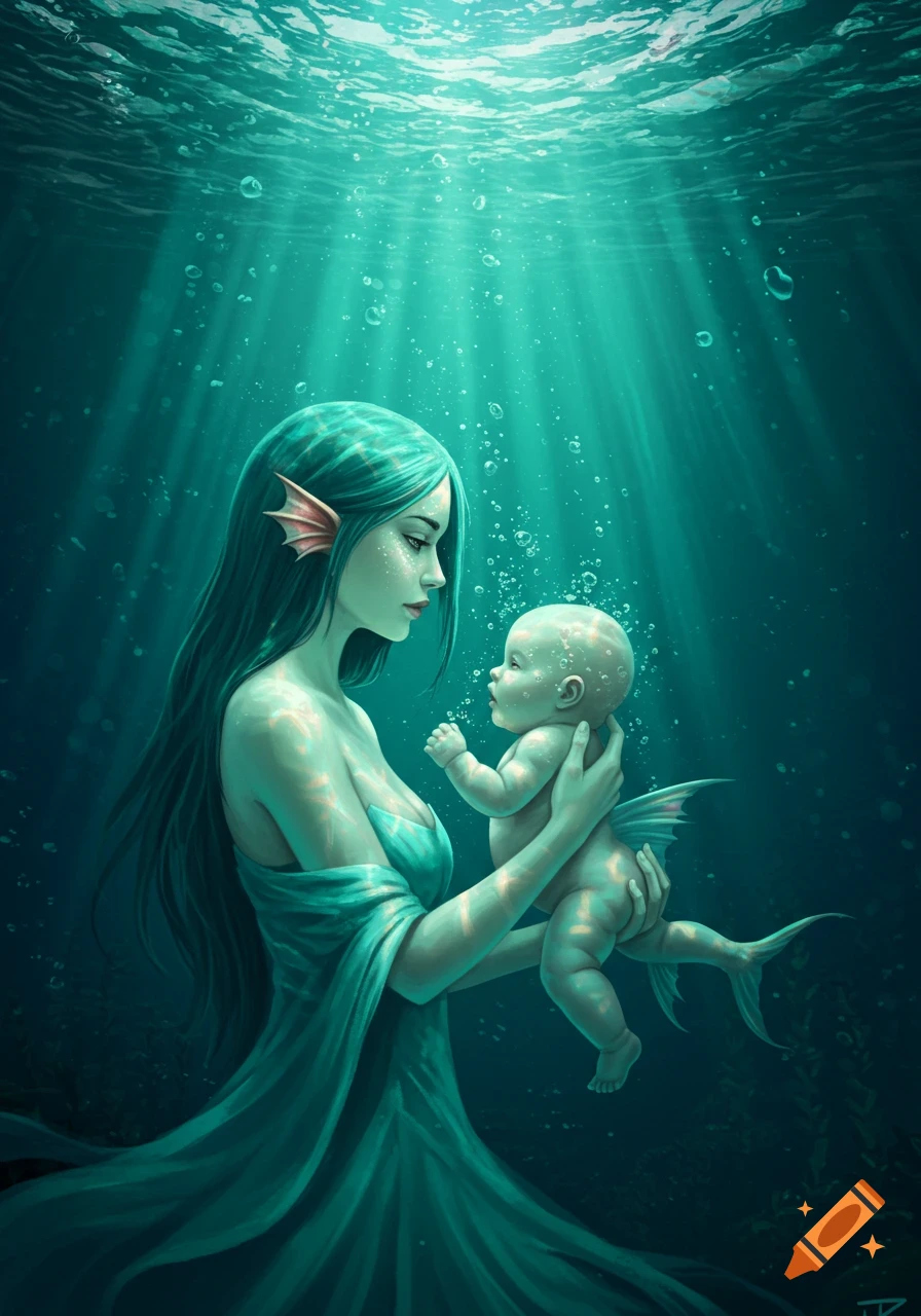 A beautiful mermaid with flowing teal hair holds a baby with tiny fins in a serene underwater scene, illuminated by rays of light from above.