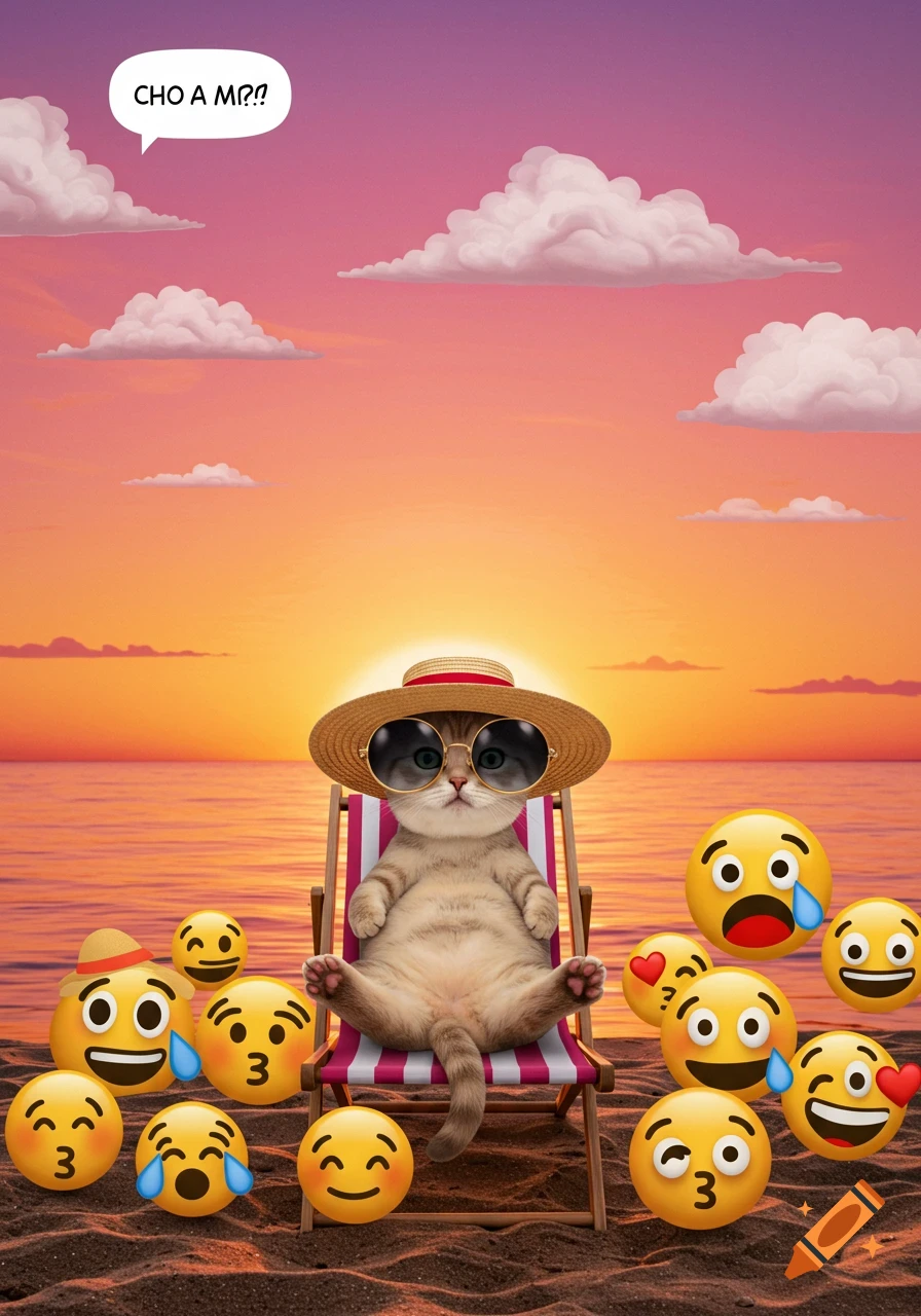 A cartoon cat wearing a straw hat and sunglasses sits on a beach chair at sunset, surrounded by various emojis, with a speech bubble.