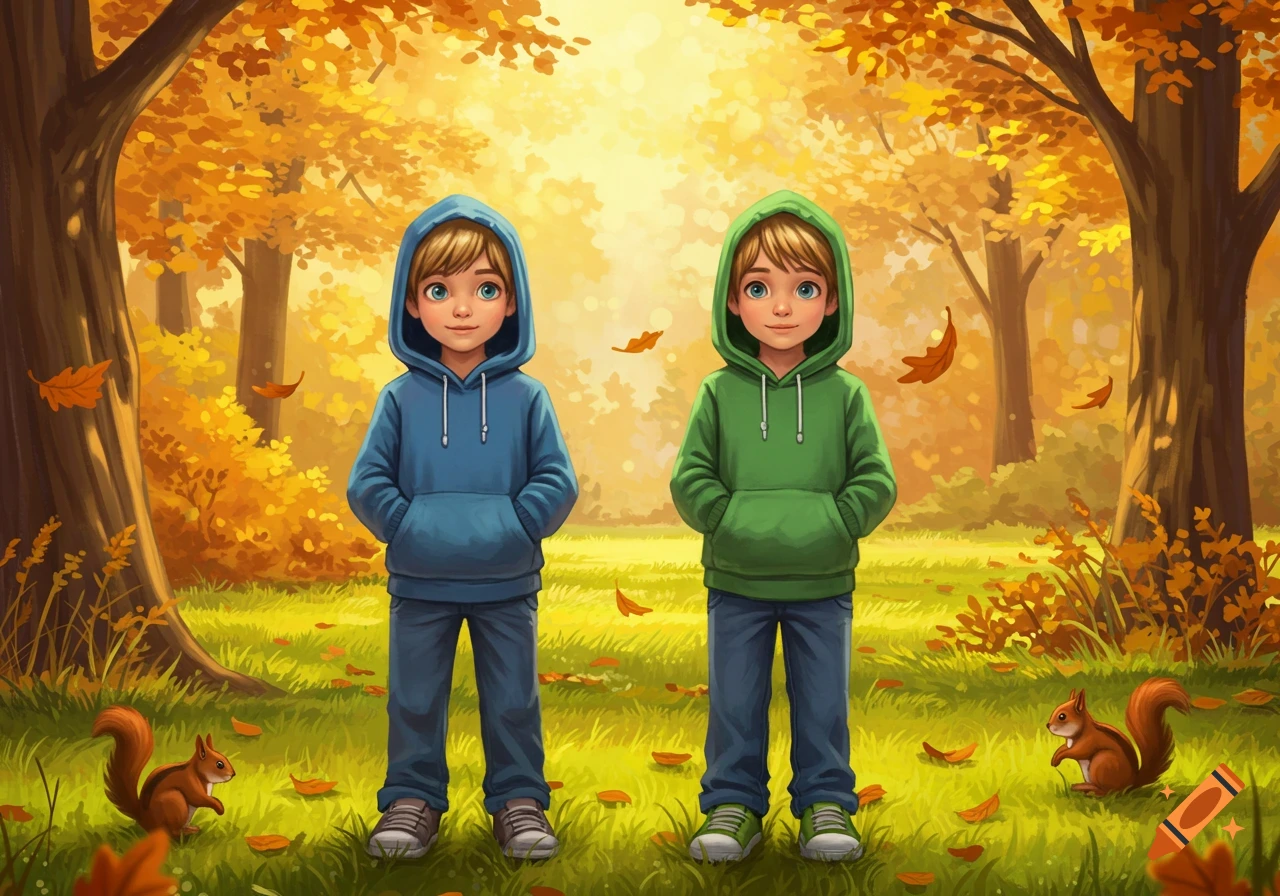 Two illustrated boys in hoodies stand in an autumn forest with falling leaves and squirrels.